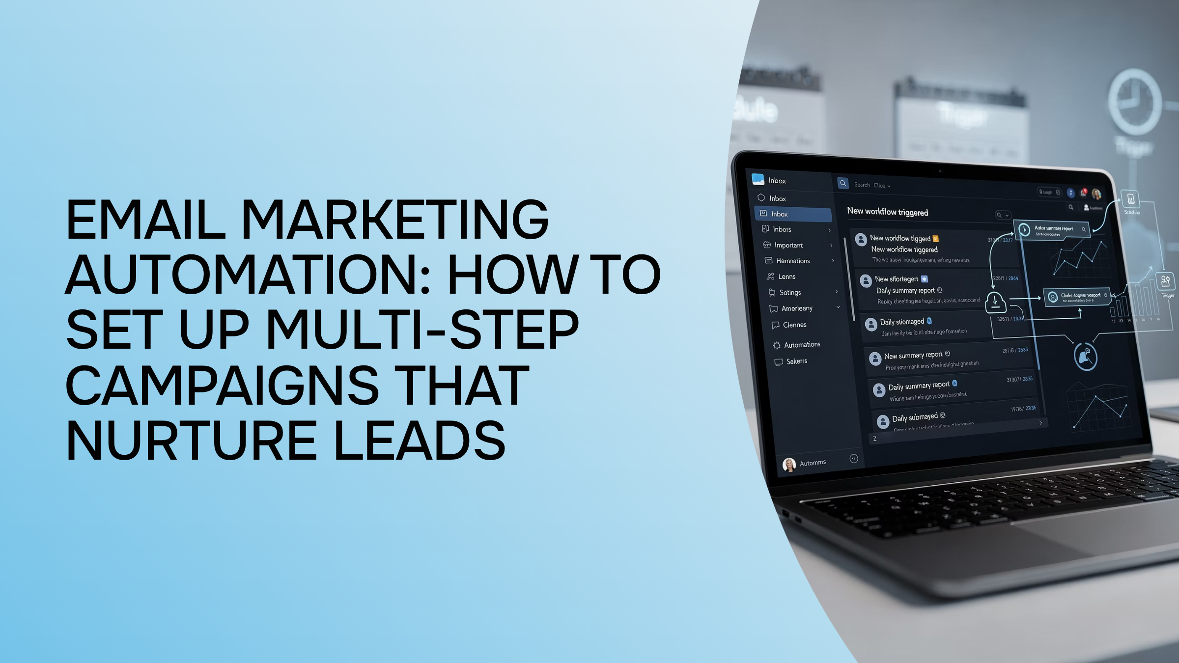 Modern digital workspace with email automation dashboard on laptop screen, professional 3D render with flowchart workflows
