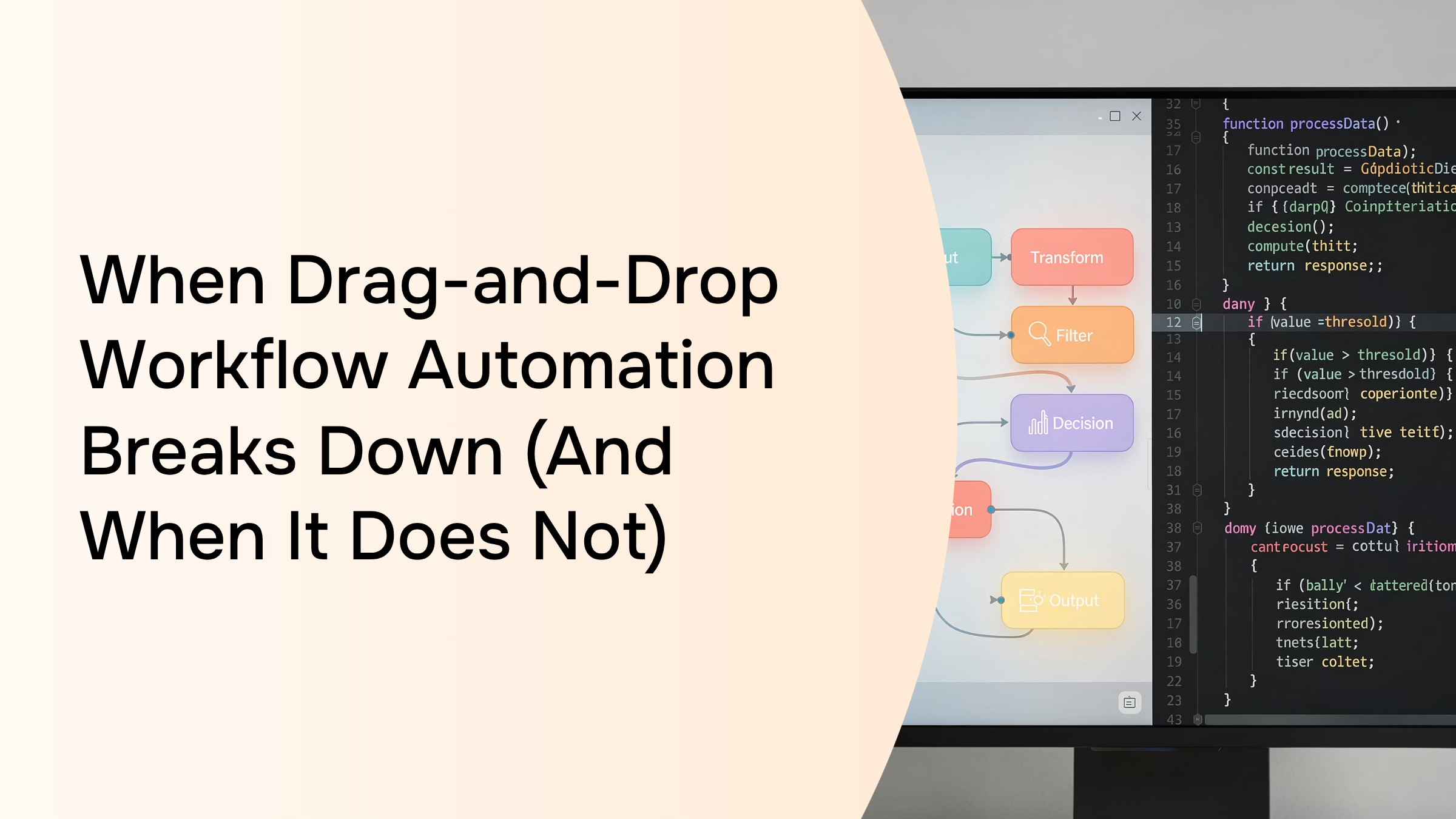 Split-screen visualization of drag-and-drop workflow blocks versus code-based automation in balance