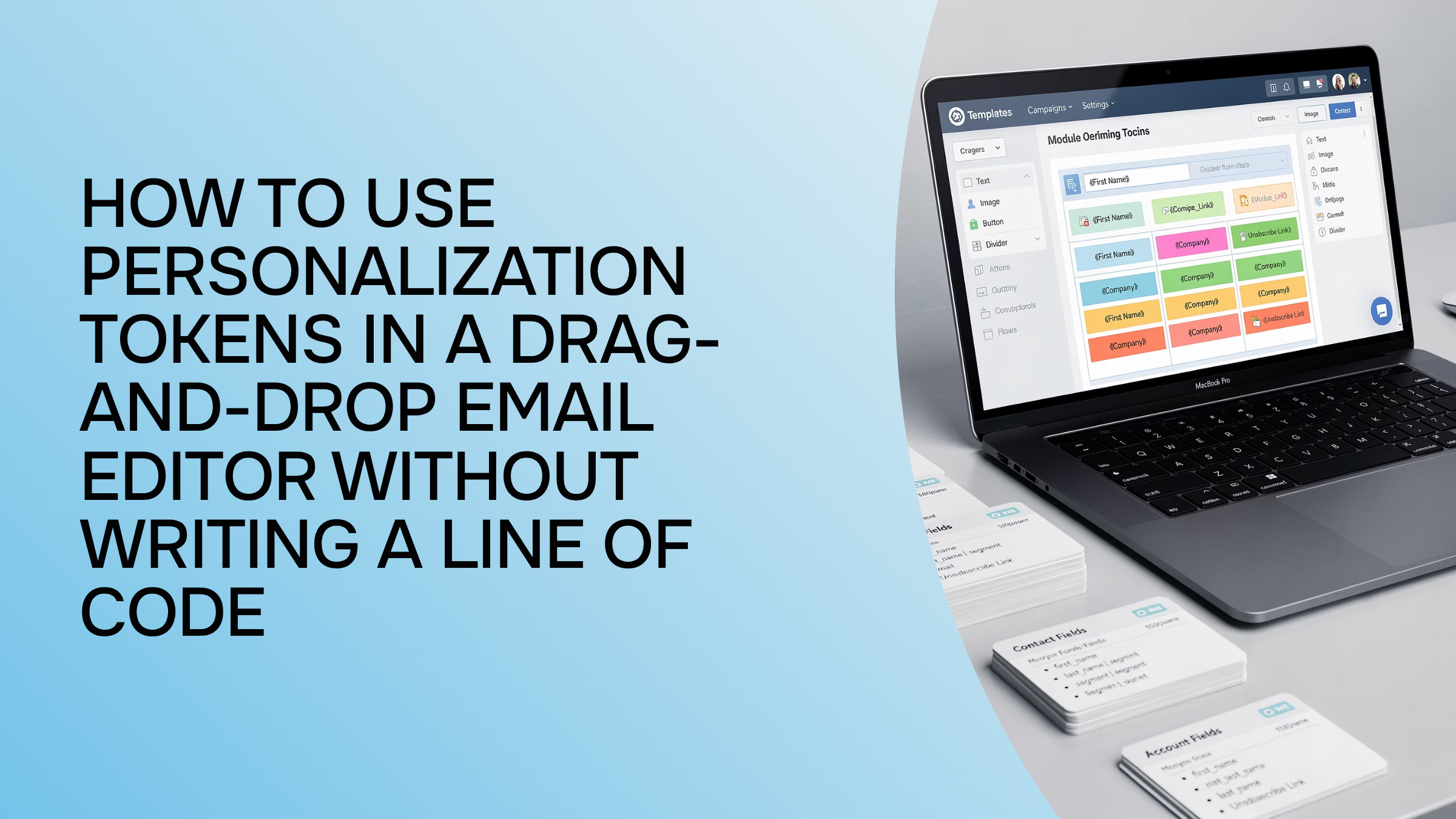 Clean desktop monitor showing drag-and-drop email editor with personalization token interface in modern office
