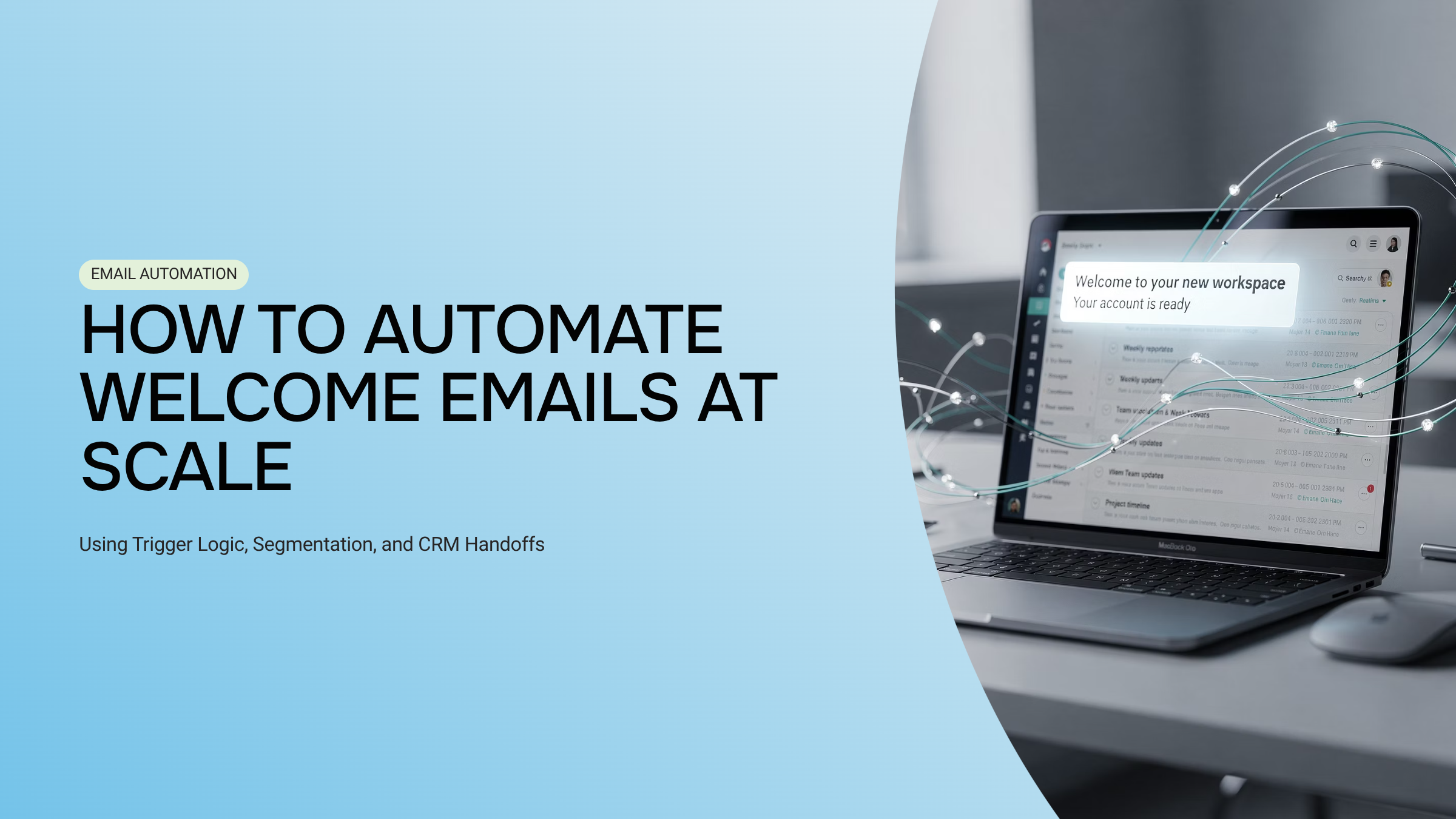Automated email workflow dashboard with interconnected trigger nodes and CRM integration pathways in professional blue and gray