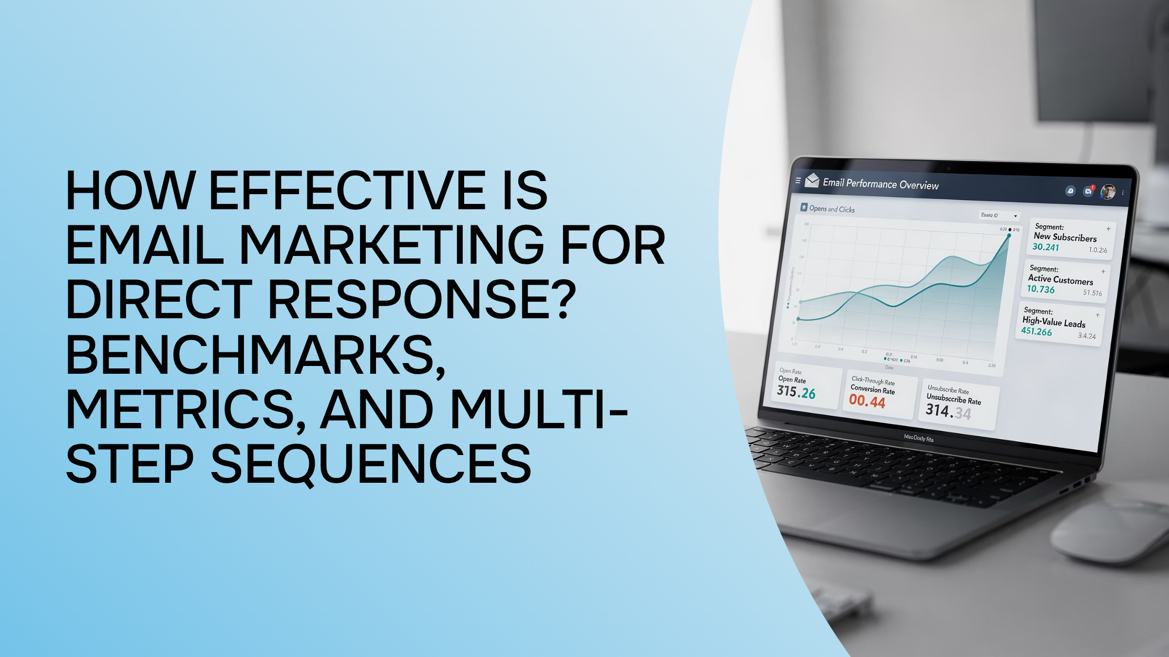 Professional desktop workspace with laptop, smartphone analytics, and organized email interface representing email marketing effectiveness
