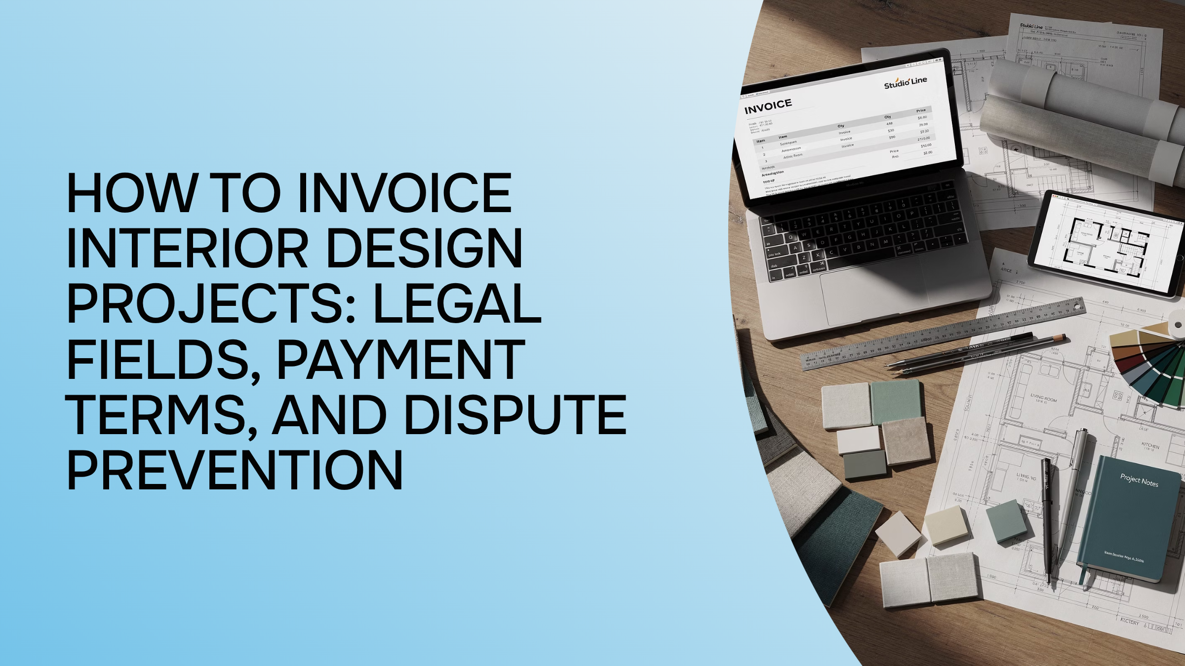 Professional workspace with invoice template, payment terms documentation, and organized financial documents on modern desk
