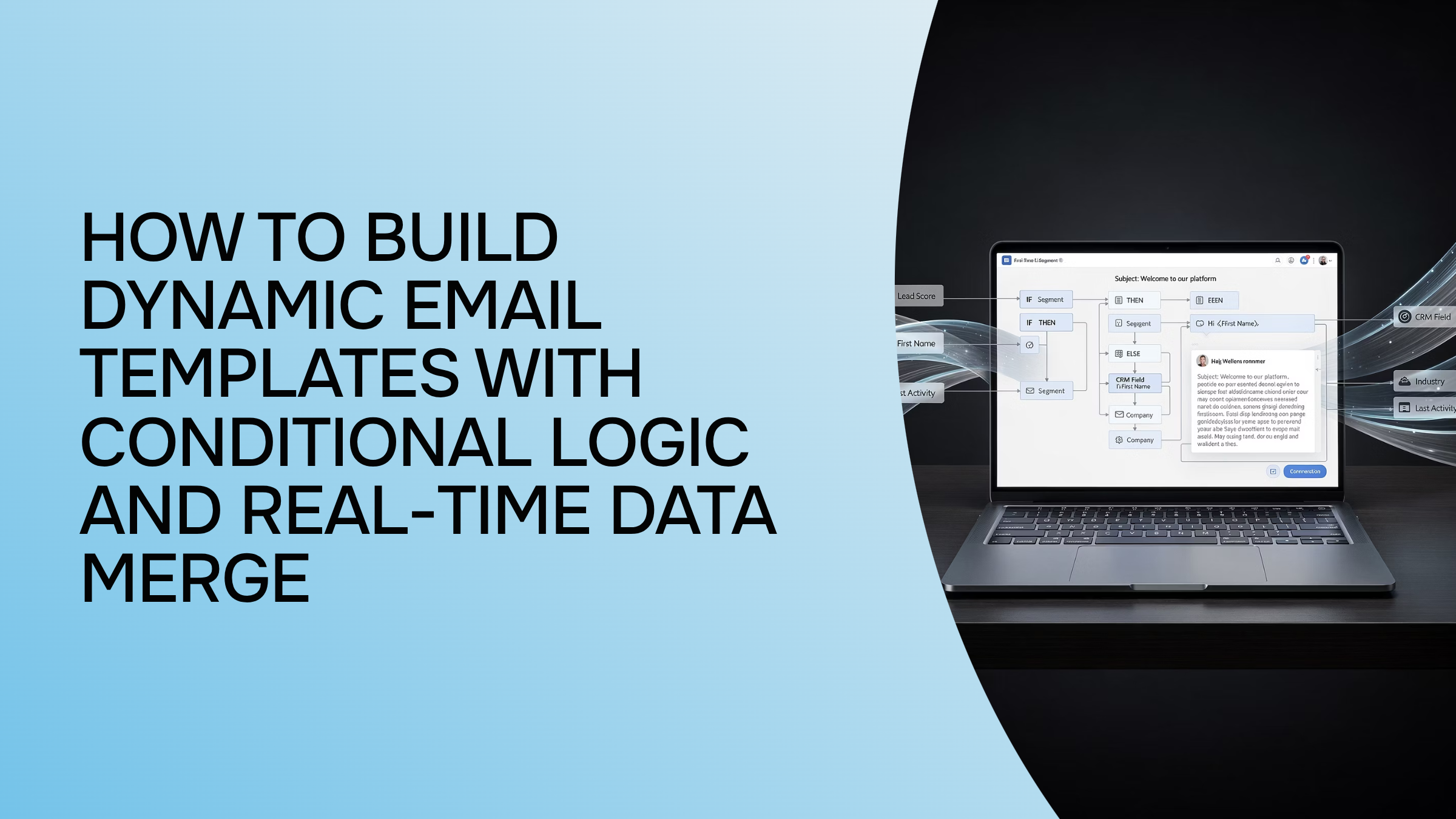 3D visualization of dynamic email template with conditional logic and real-time data merge flowing through digital interface
