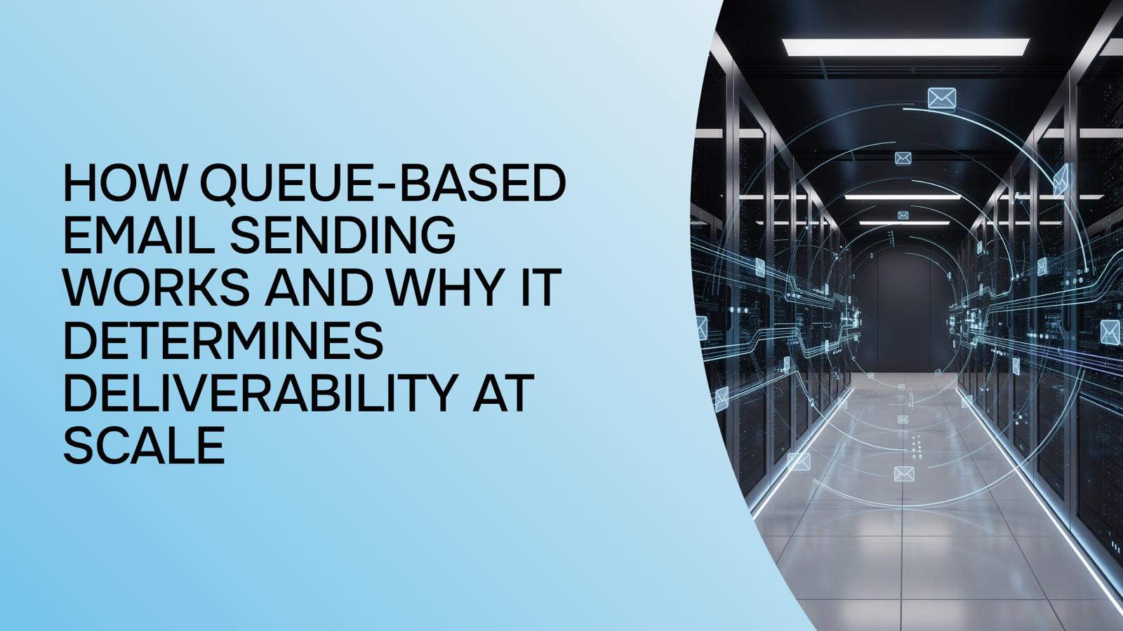 Modern 3D visualization of queue-based email pipeline with flowing data packets through organized processing channels