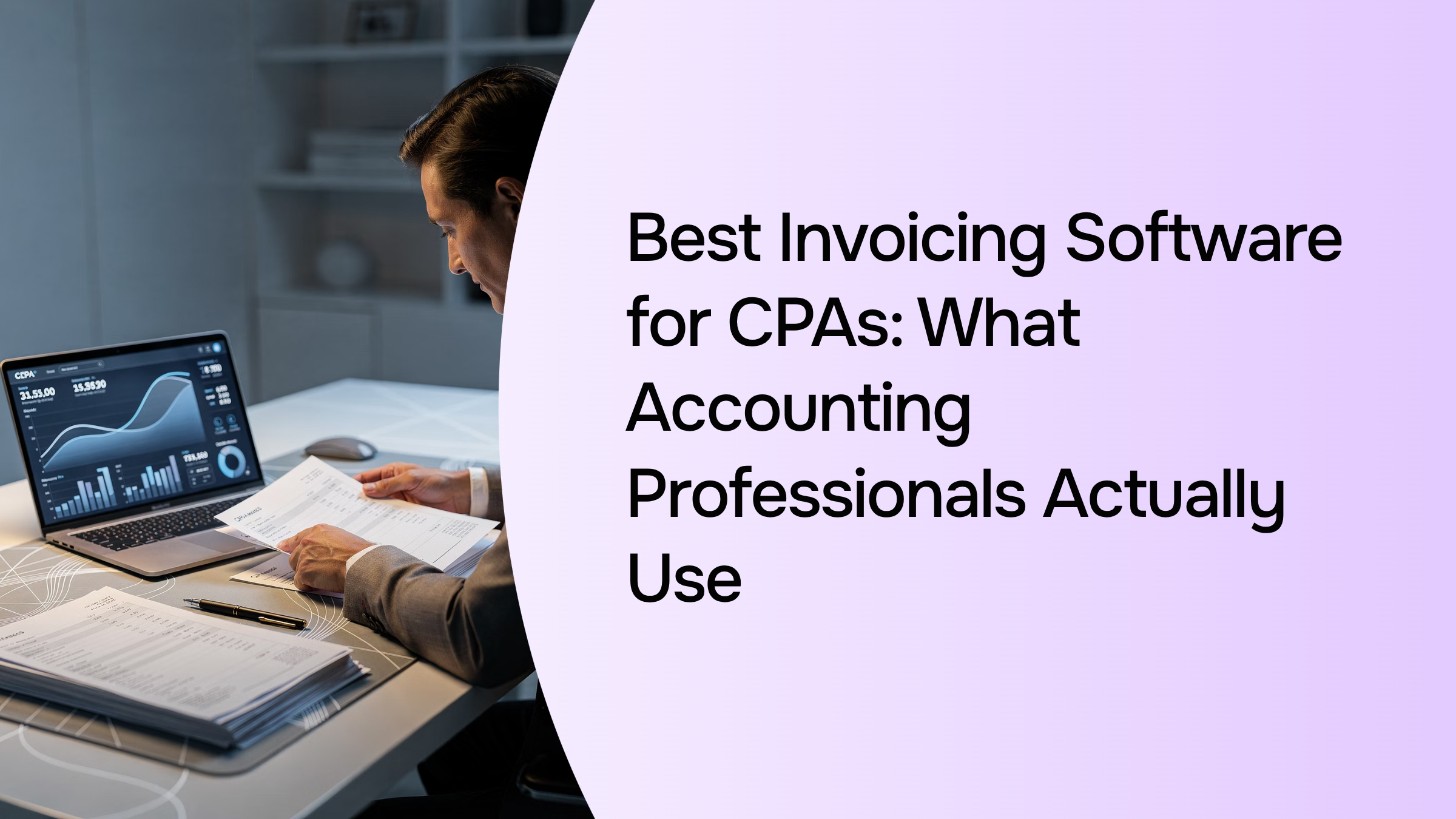 Modern accounting workspace with invoicing software dashboard on laptop, organized desk with financial documents