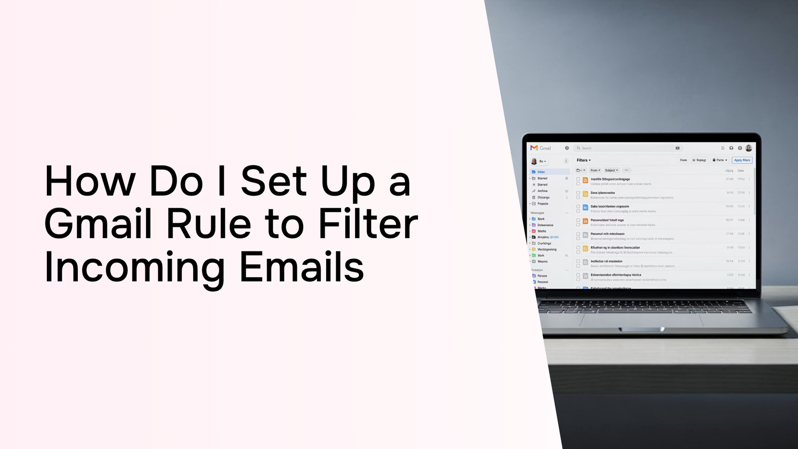 Professional 3D render of Gmail filter settings interface on desktop monitor with organized inbox categories