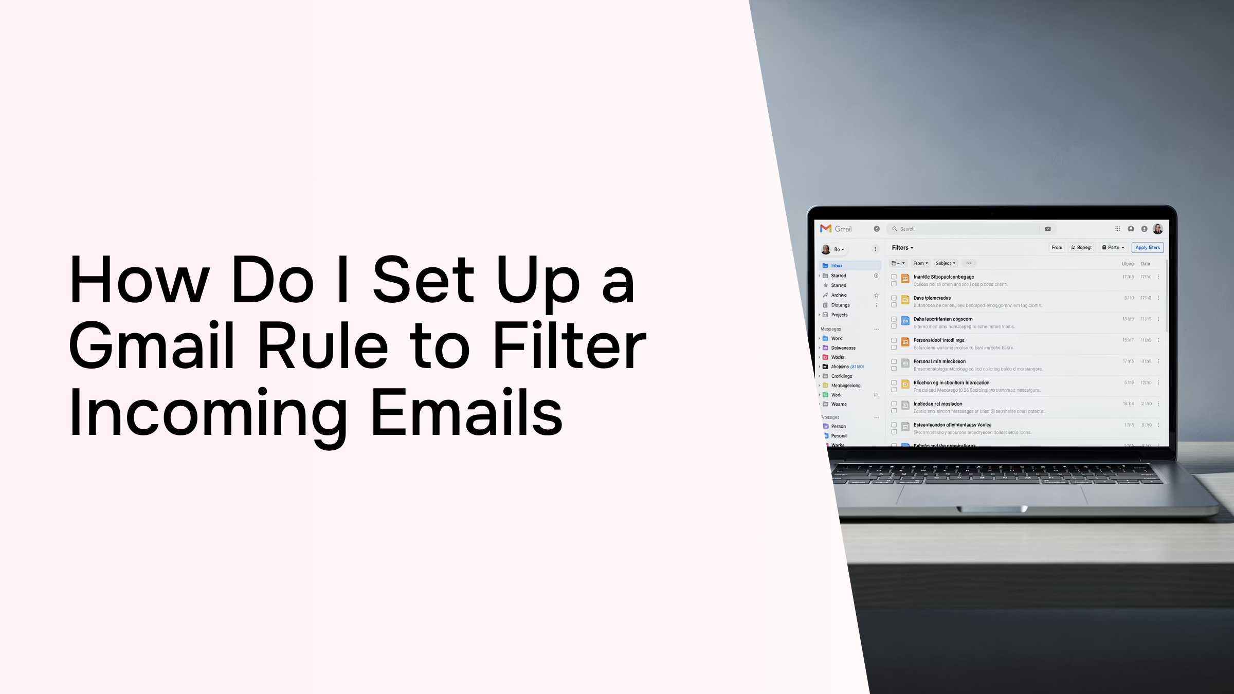 Professional 3D render of Gmail filter settings interface on desktop monitor with organized inbox categories