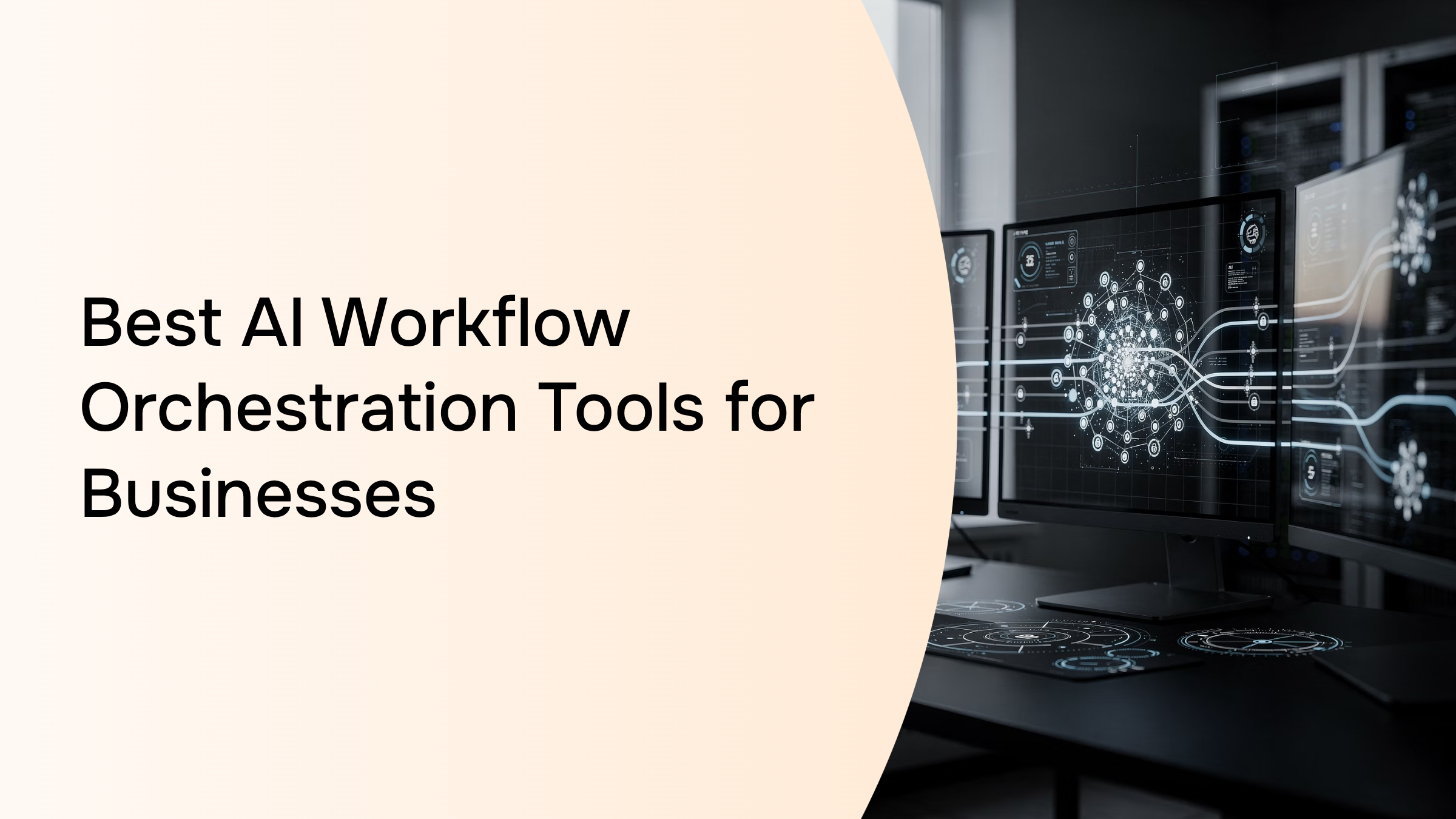 Abstract 3D visualization of AI workflow orchestration with interconnected nodes and data streams in blue and silver tones