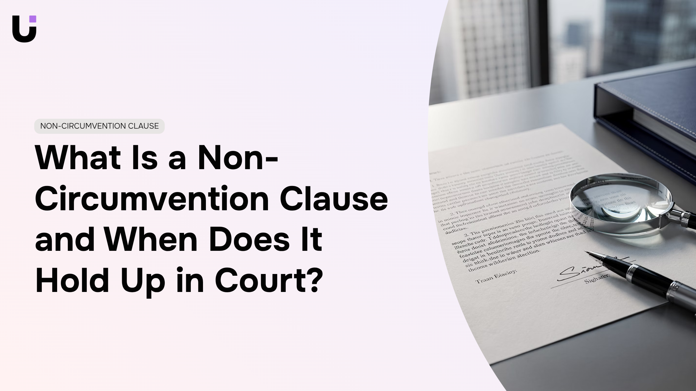 Professional contract review with magnifying glass highlighting non-circumvention clause details in modern office