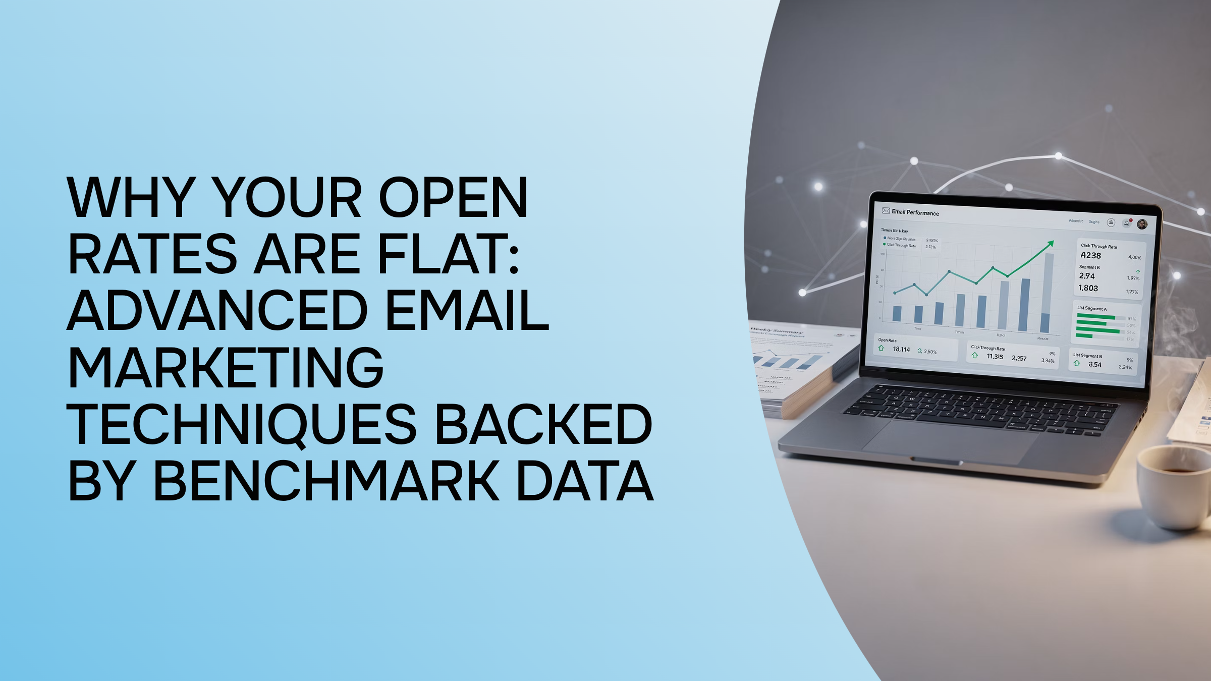 Professional email marketing analytics dashboard on laptop showing performance metrics and trending data