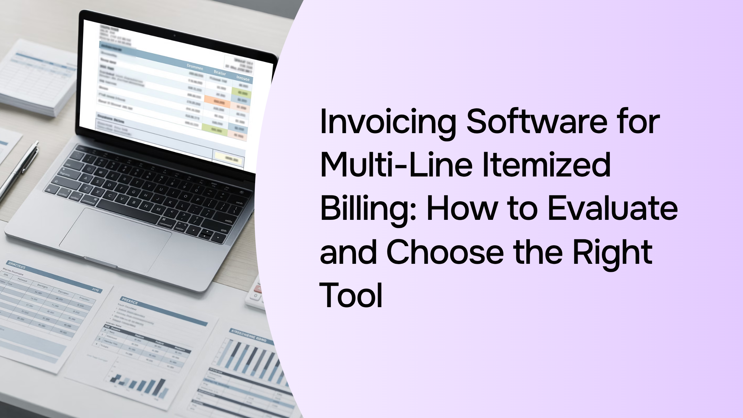 Professional 3D render of itemized invoice software interface on modern corporate desk with calculator