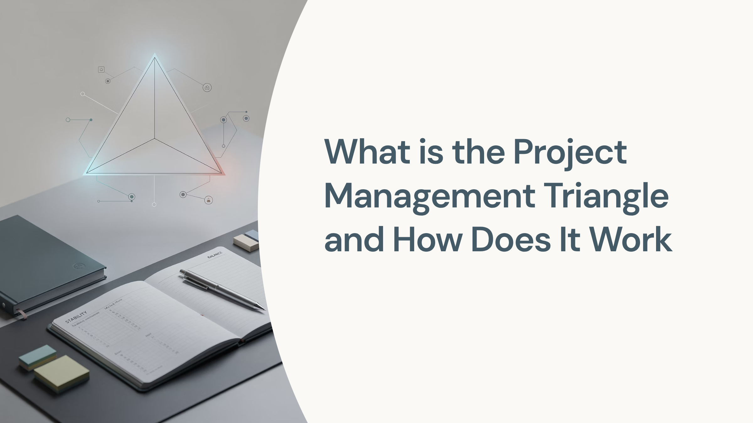 3D geometric triangle representing project management scope, time, and cost constraints in professional blue and gray