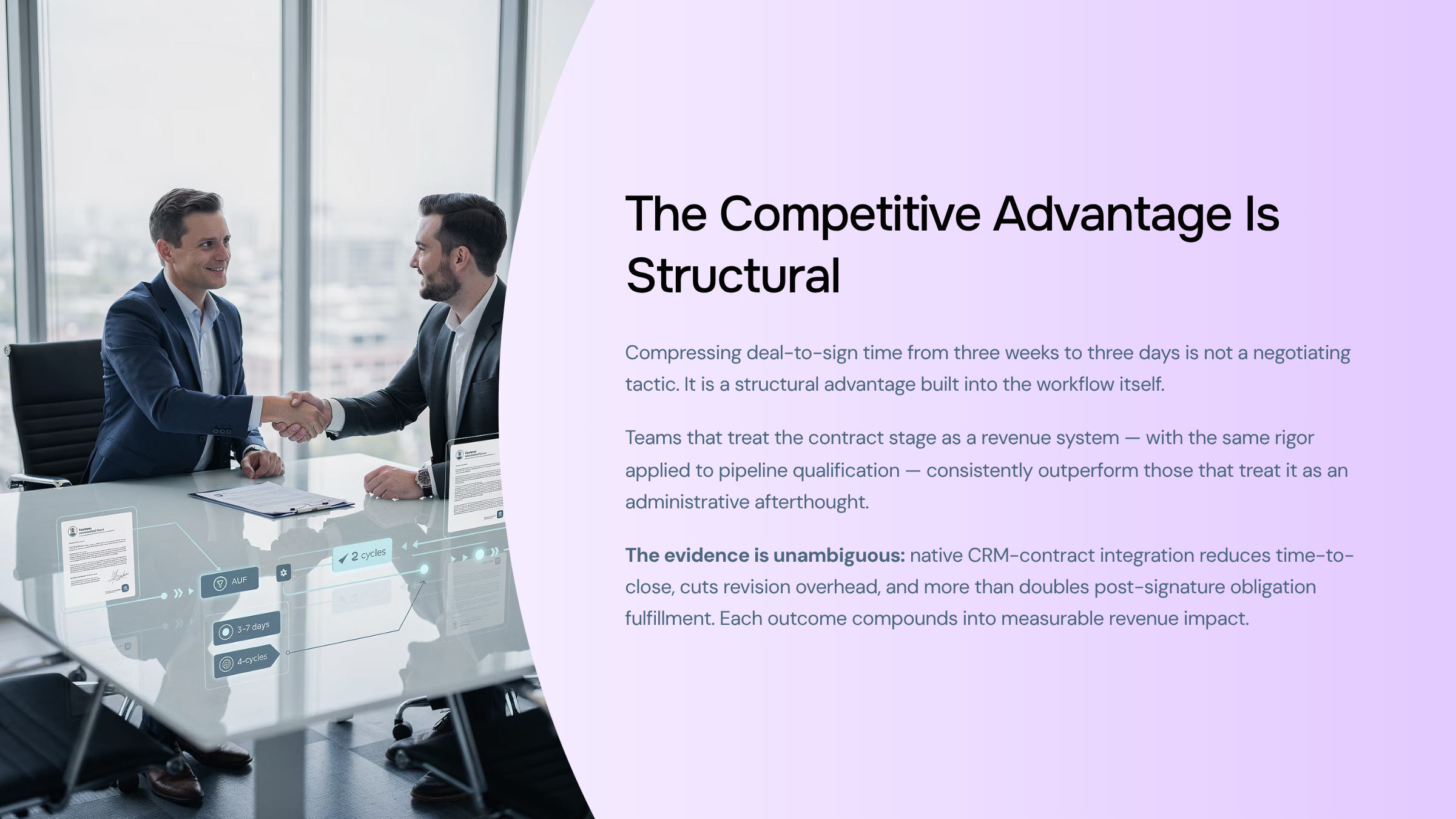 CRM-integrated contract management workflow visualization with interconnected digital elements and upward trending indicators