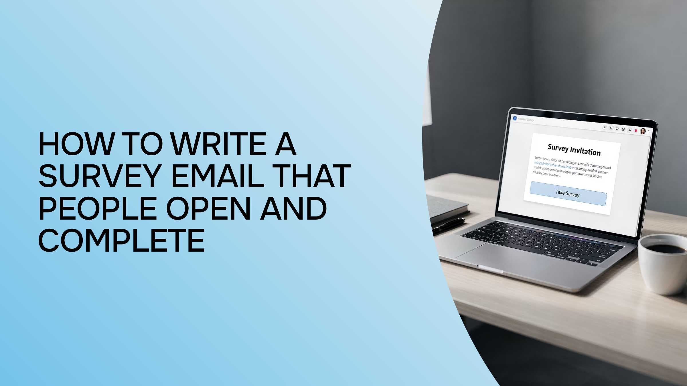 Professional corporate workspace with laptop displaying survey form template on clean desk