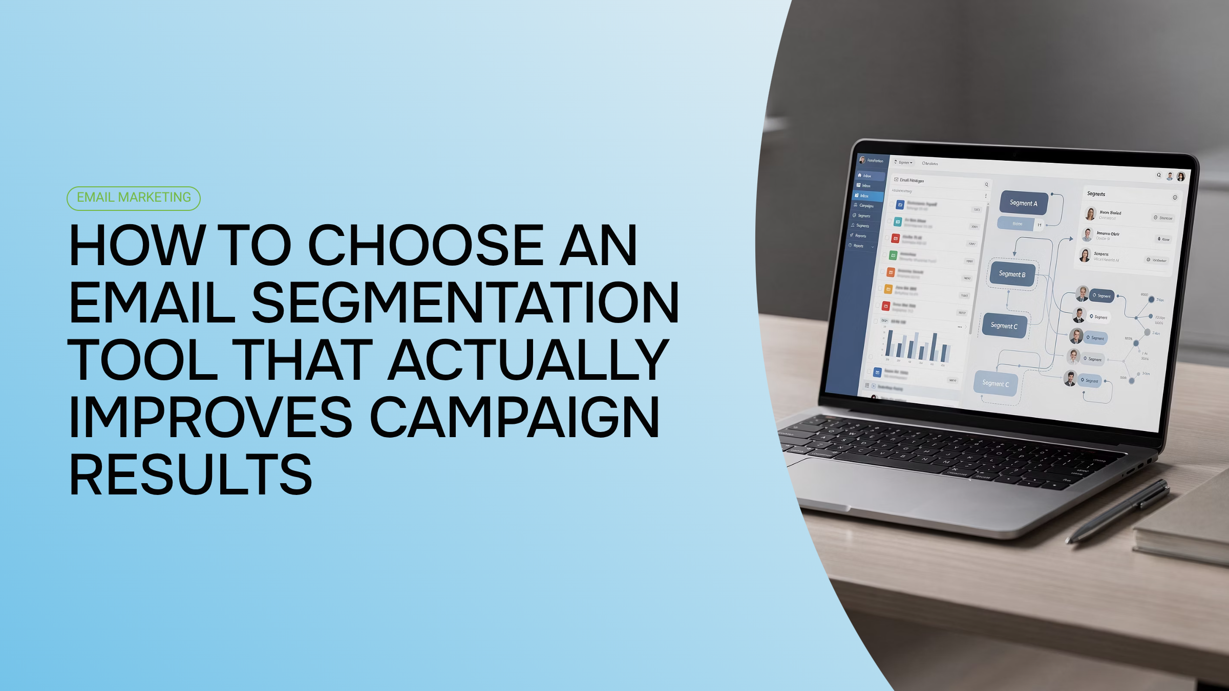 Professional email segmentation dashboard on monitor in modern office workspace with data visualization charts