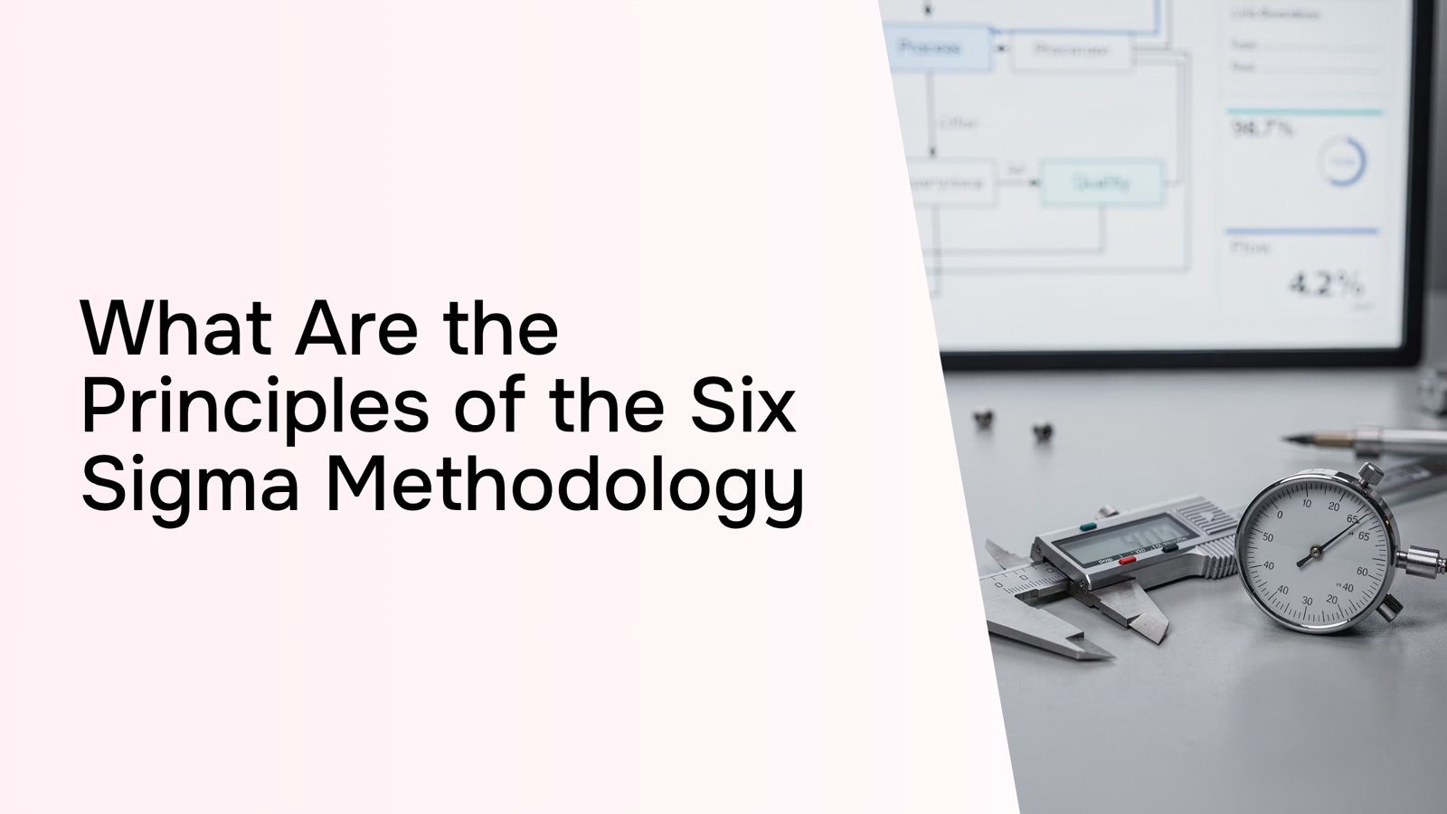 Modern corporate workspace with data analytics charts and process diagrams representing Six Sigma methodology principles