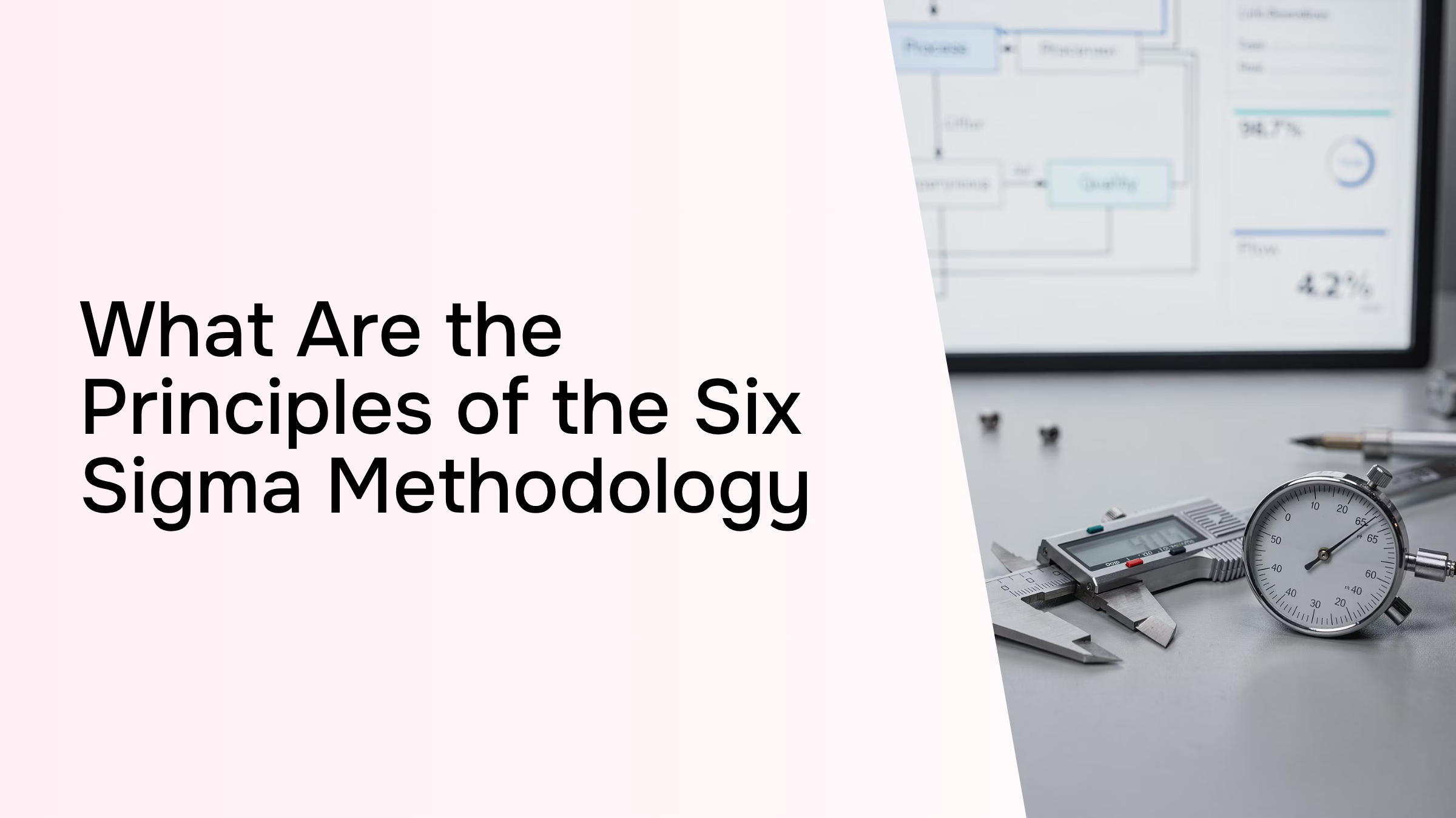 Modern corporate workspace with data analytics charts and process diagrams representing Six Sigma methodology principles