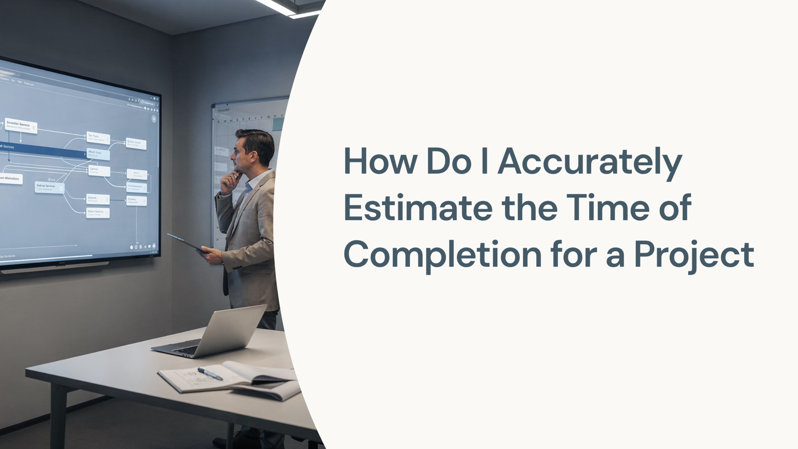 Professional workspace with digital timeline, stopwatch, and planning tools representing project time estimation