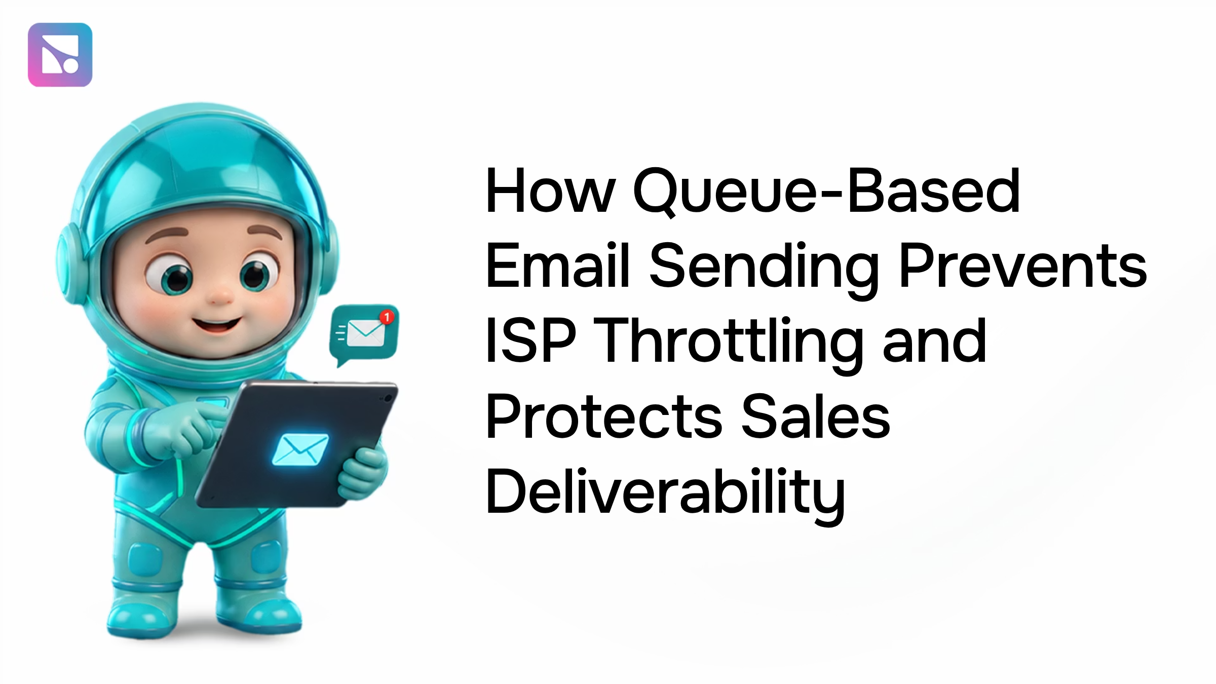Queue-based email sending system visualization on modern monitor displaying controlled message delivery pipeline