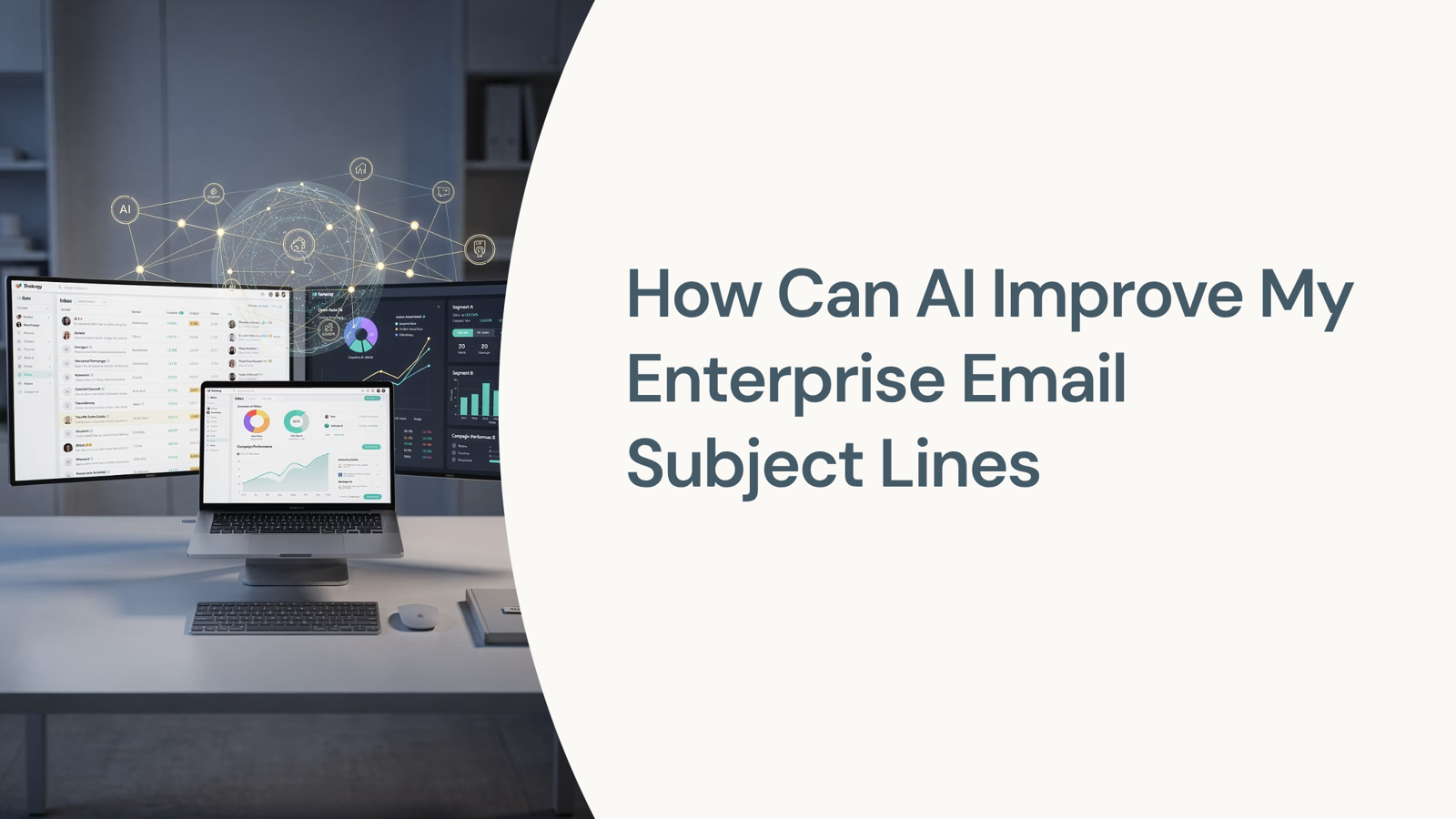 Modern laptop workspace with AI-optimized email interface and data visualization elements representing enterprise email subject line technology