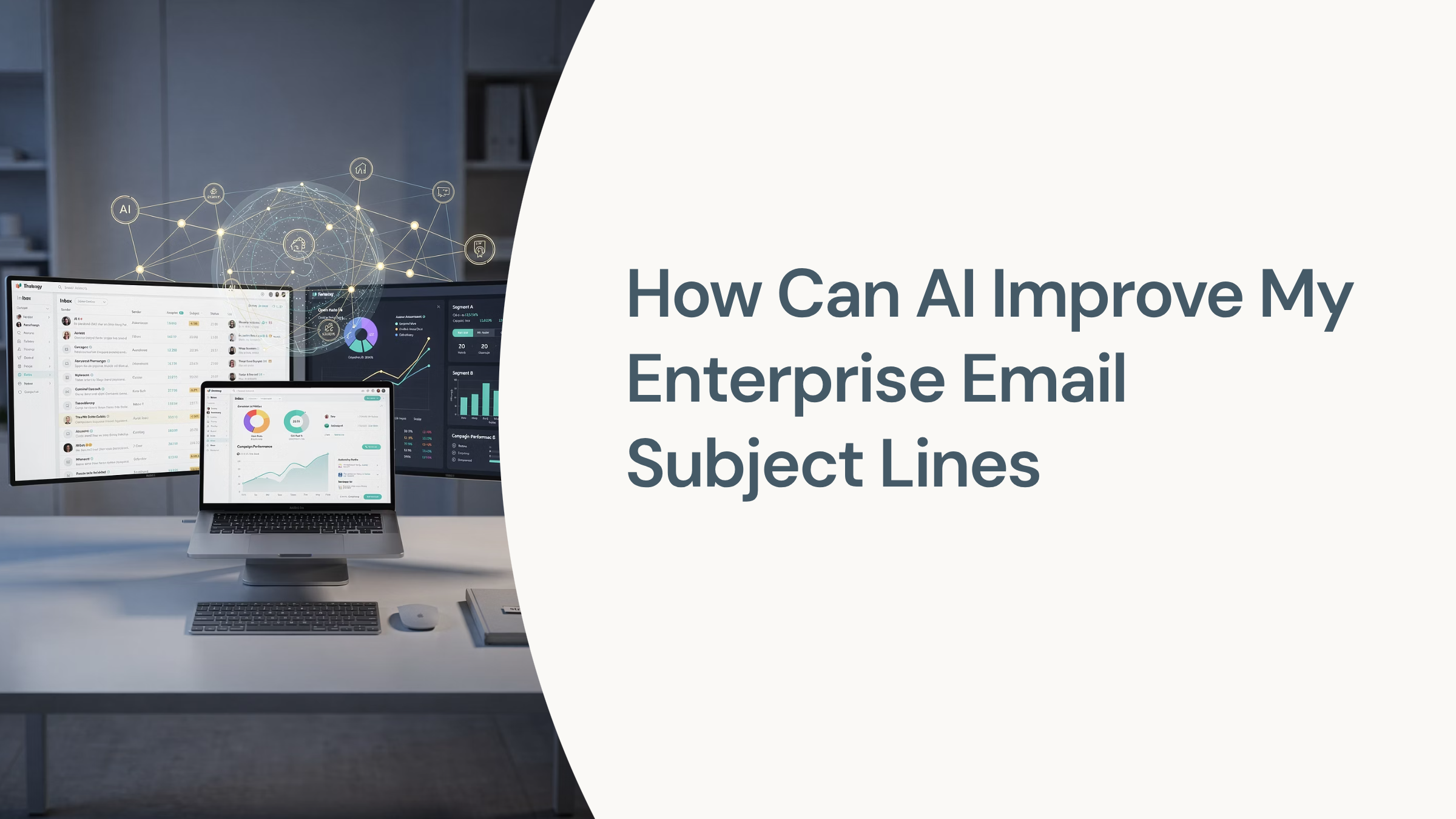 Modern laptop workspace with AI-optimized email interface and data visualization elements representing enterprise email subject line technology