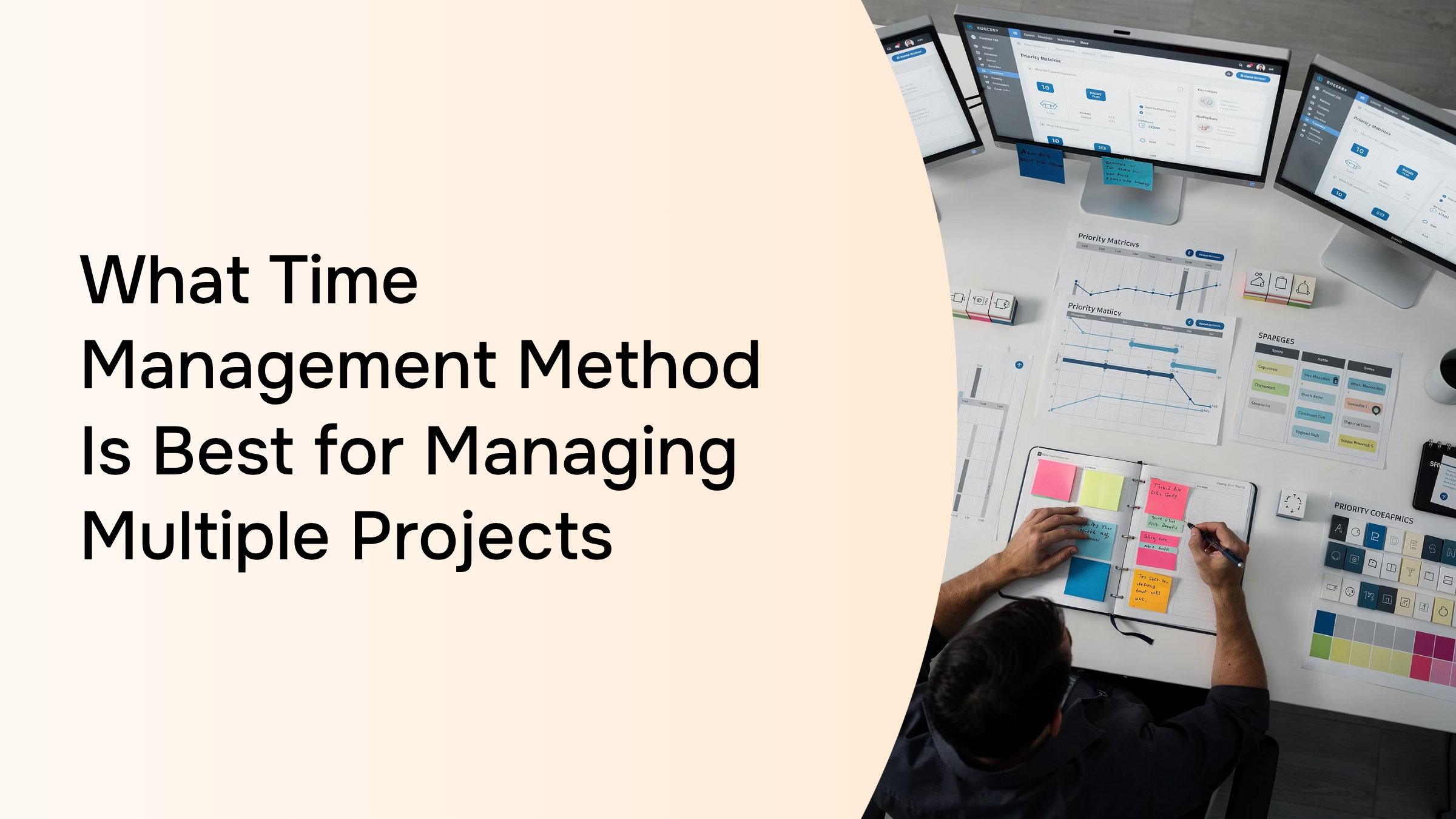 Organized workspace with project management tools and abstract workflow visualization symbolizing efficient time management