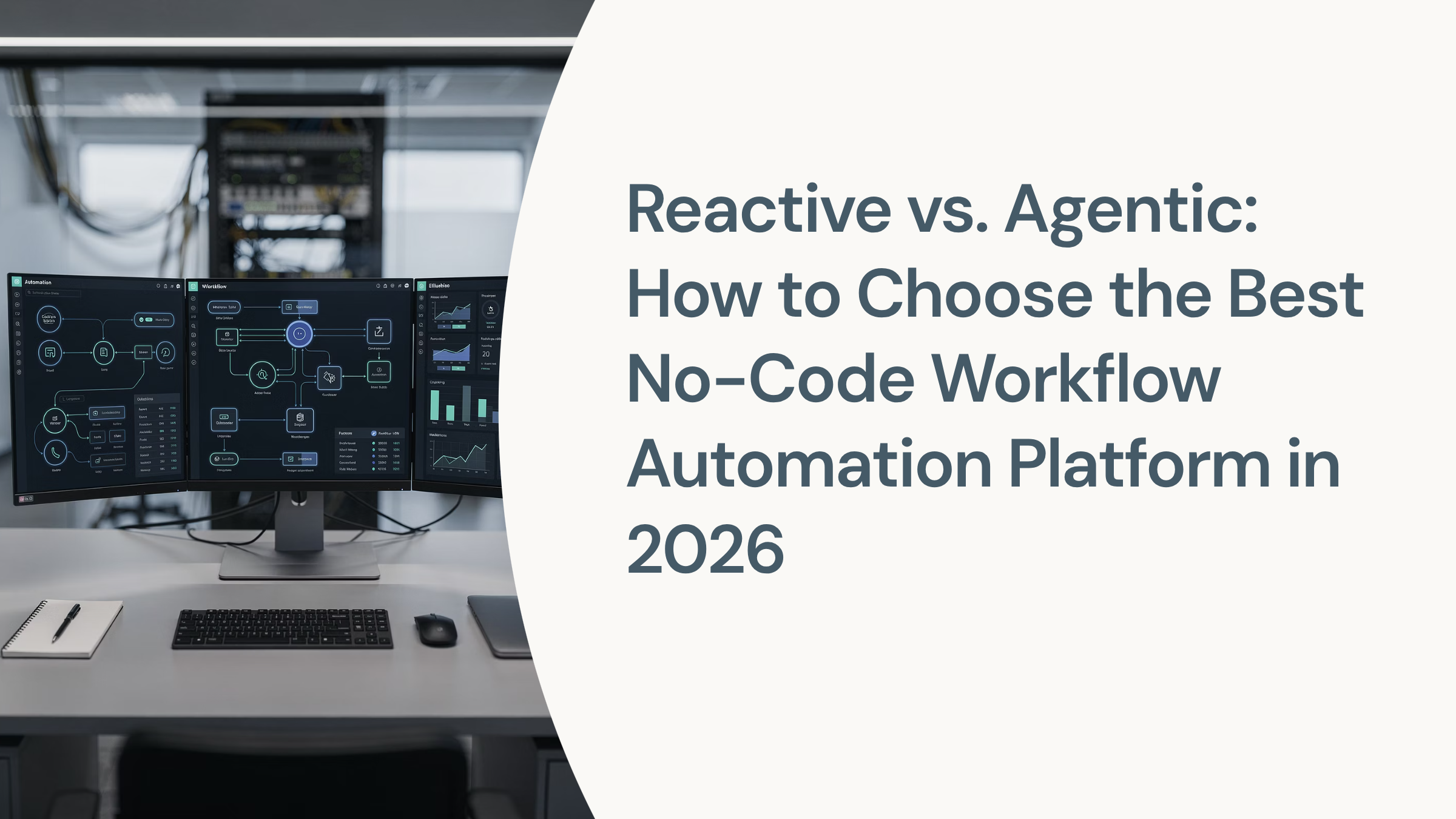 Split-screen visualization of reactive vs agentic workflow automation processes in modern professional design
