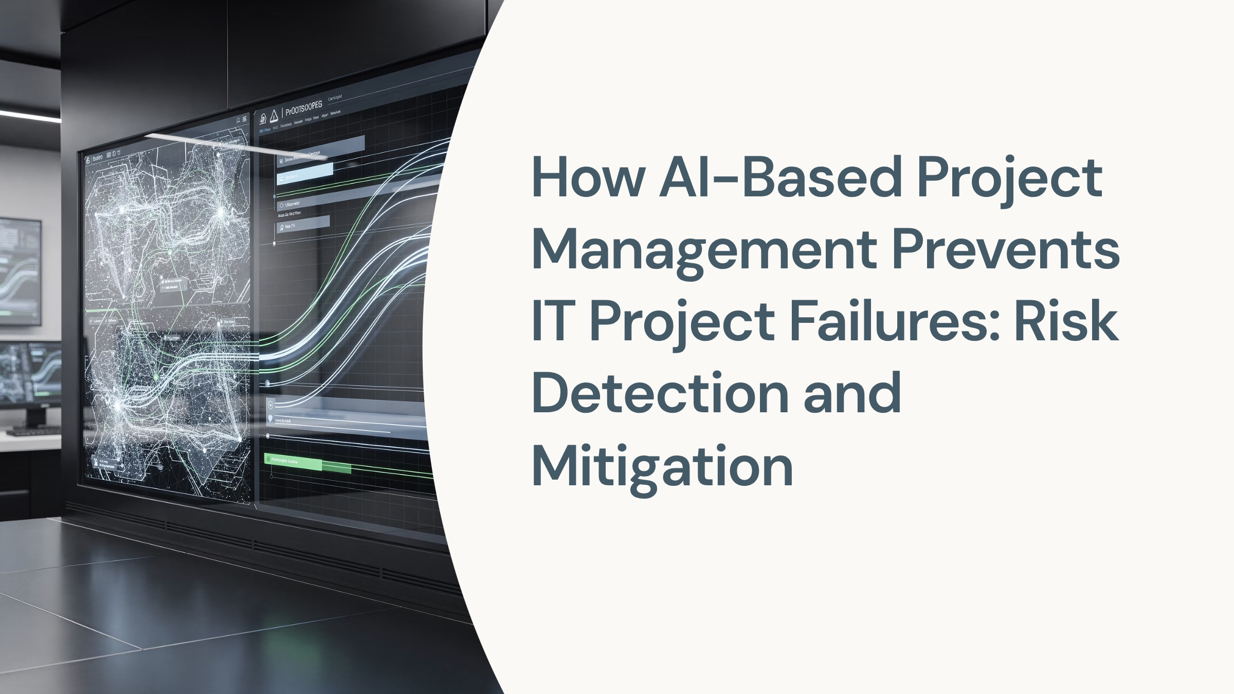 AI project management dashboard with shield icon and data visualization representing risk detection and IT project failure prevention