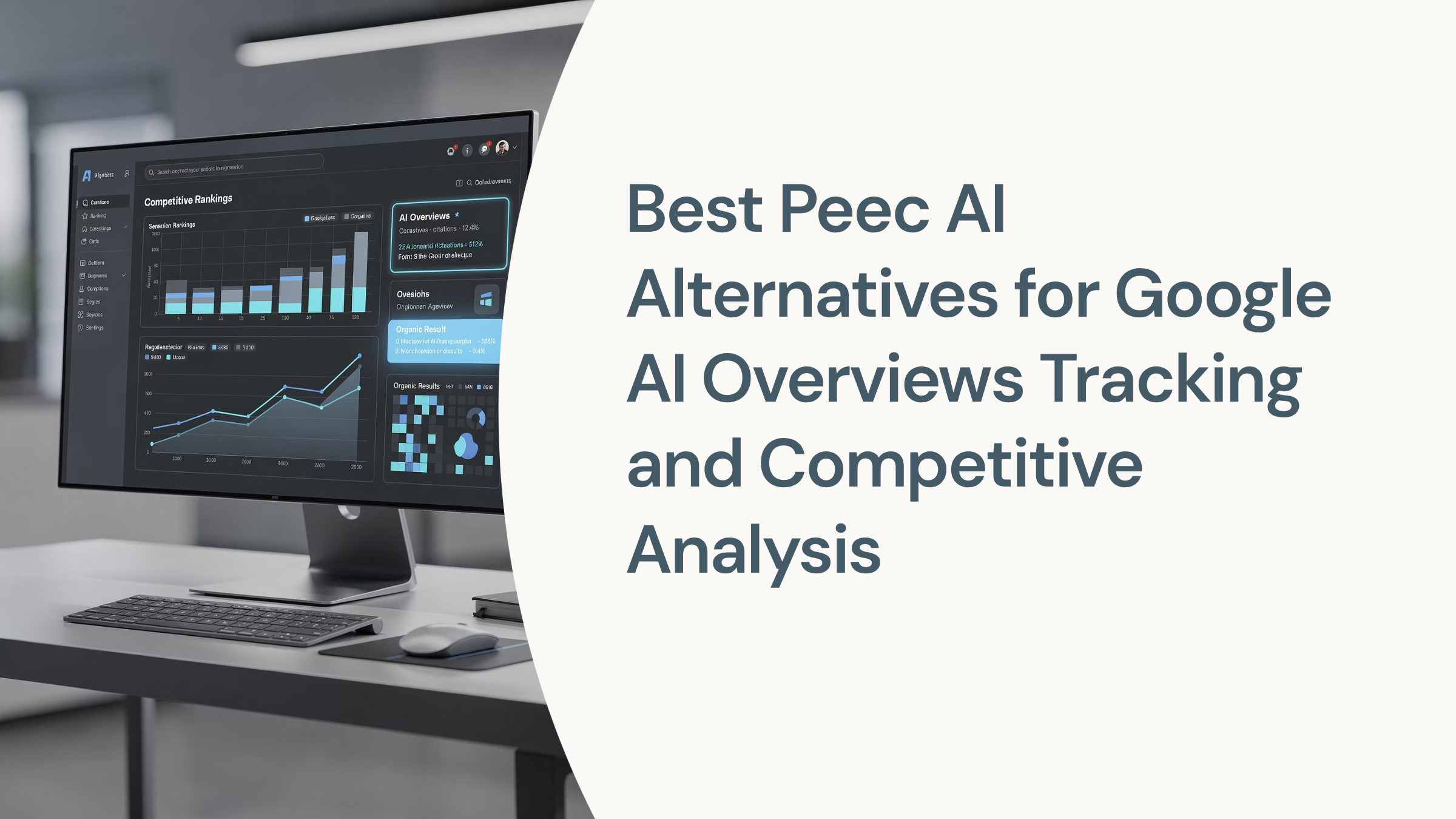 Modern 3D analytics dashboard with AI network visualization and competitive intelligence tracking on professional workspace