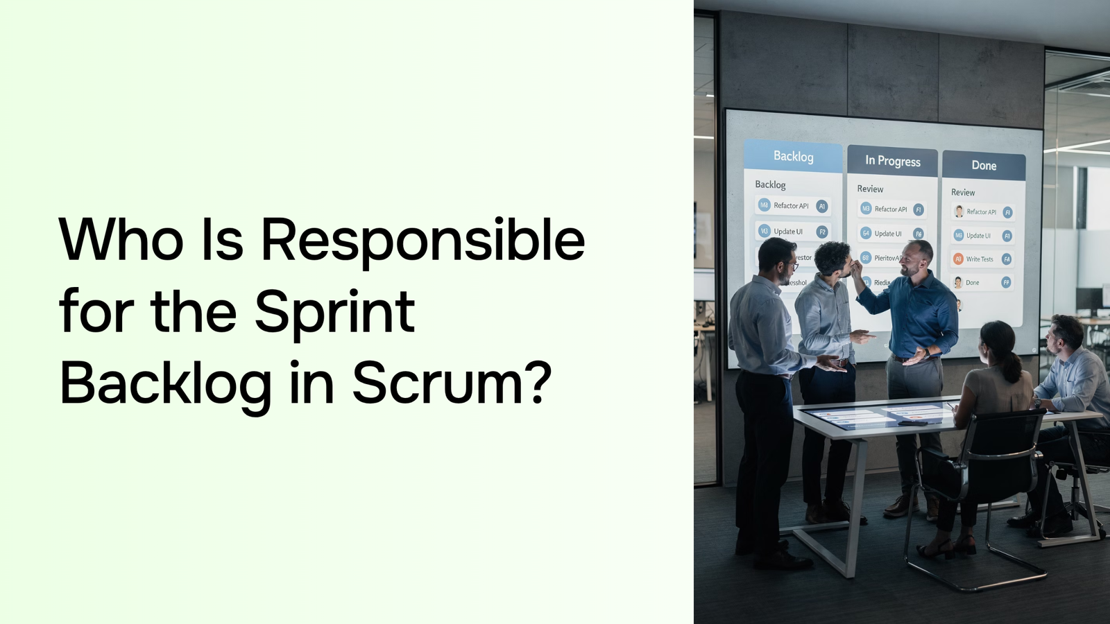 Professional 3D render of organized sprint backlog dashboard with digital task cards and focused leadership perspective