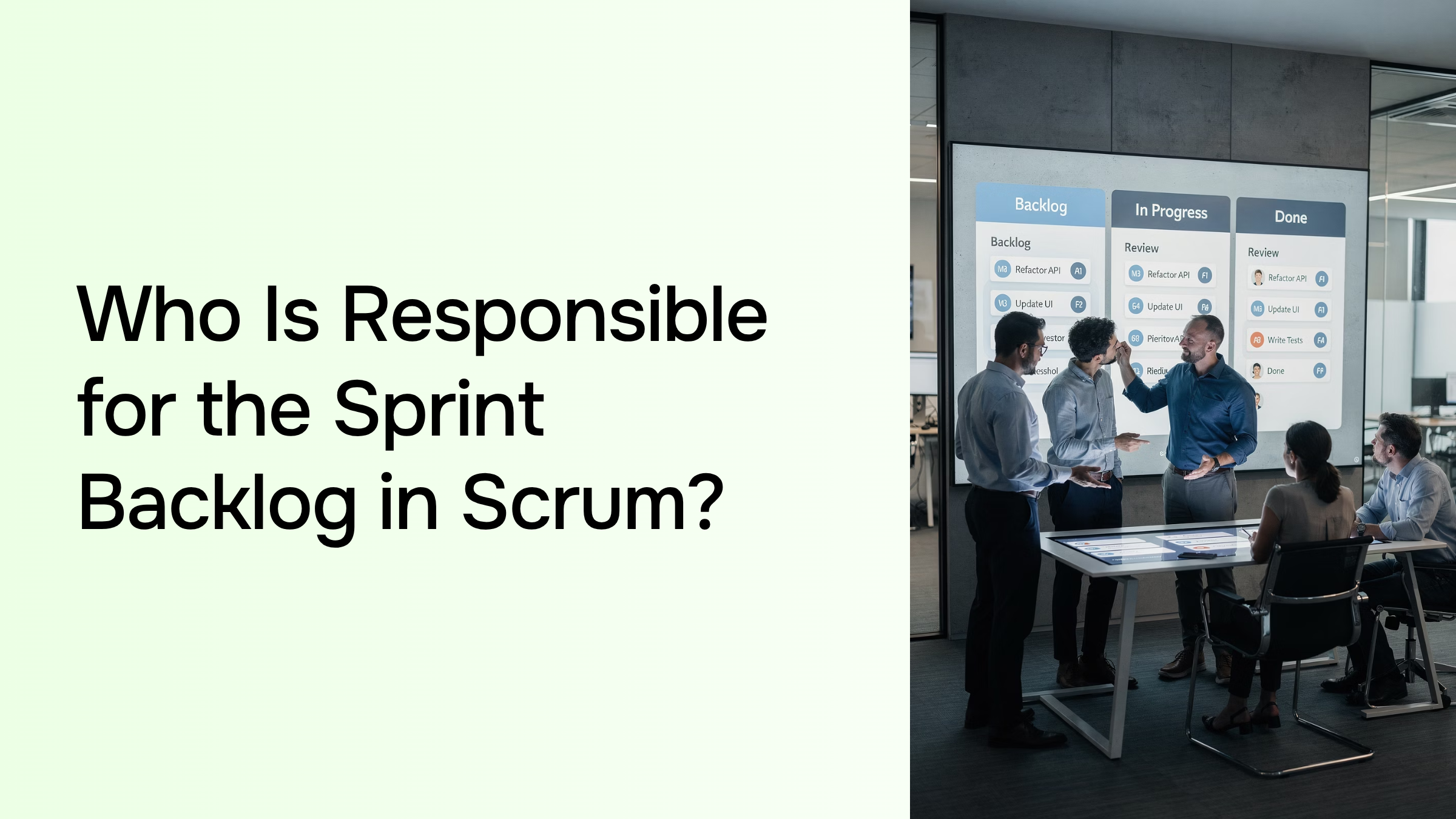 Professional 3D render of organized sprint backlog dashboard with digital task cards and focused leadership perspective