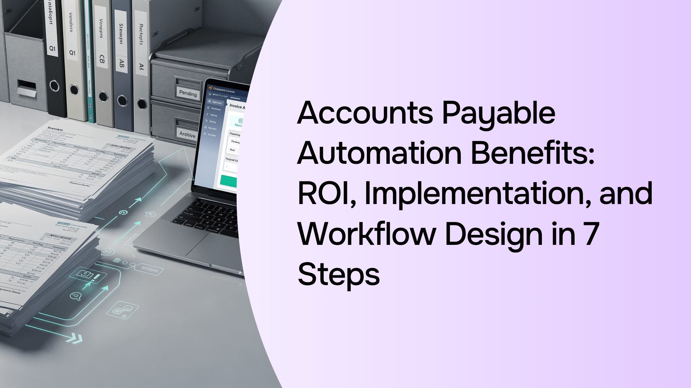 Modern office desk with laptop showing financial dashboards and digital workflow automation symbolizing accounts payable efficiency