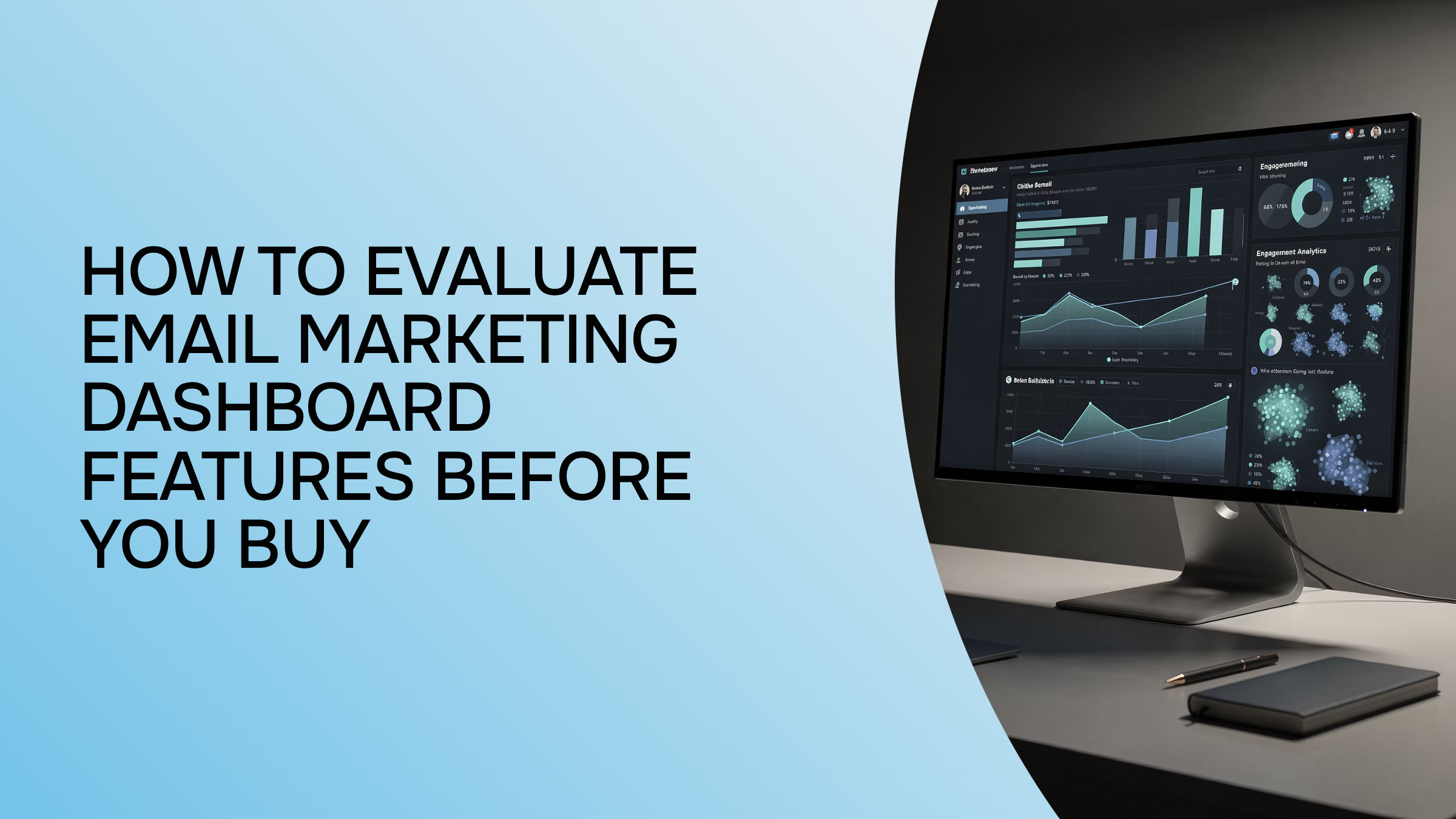 Professional email marketing dashboard on desktop monitor with analytics charts in modern office workspace