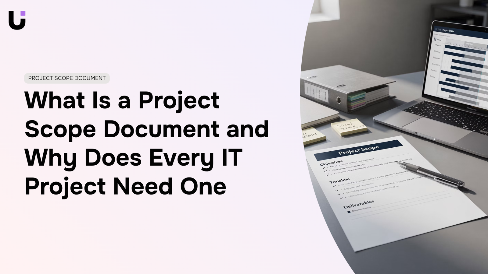 Professional workspace with project scope document, blueprint, and planning materials on organized desk with modern lighting