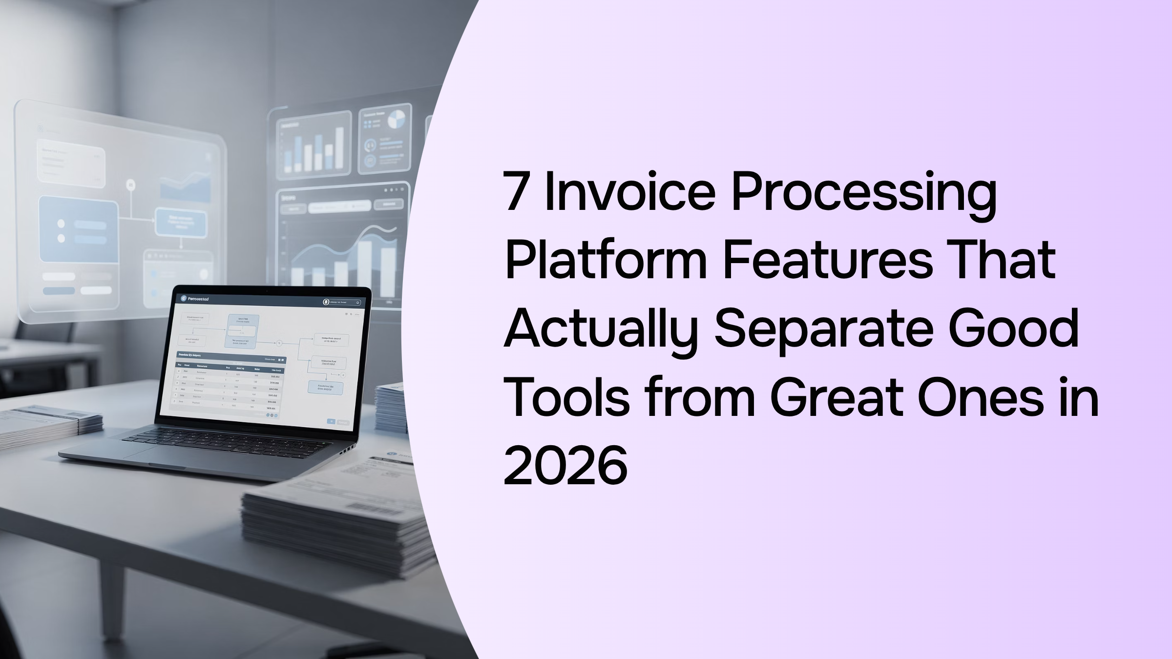 Modern digital workspace showing invoice processing platform features with organized data visualization and workflow automation on professional office setup