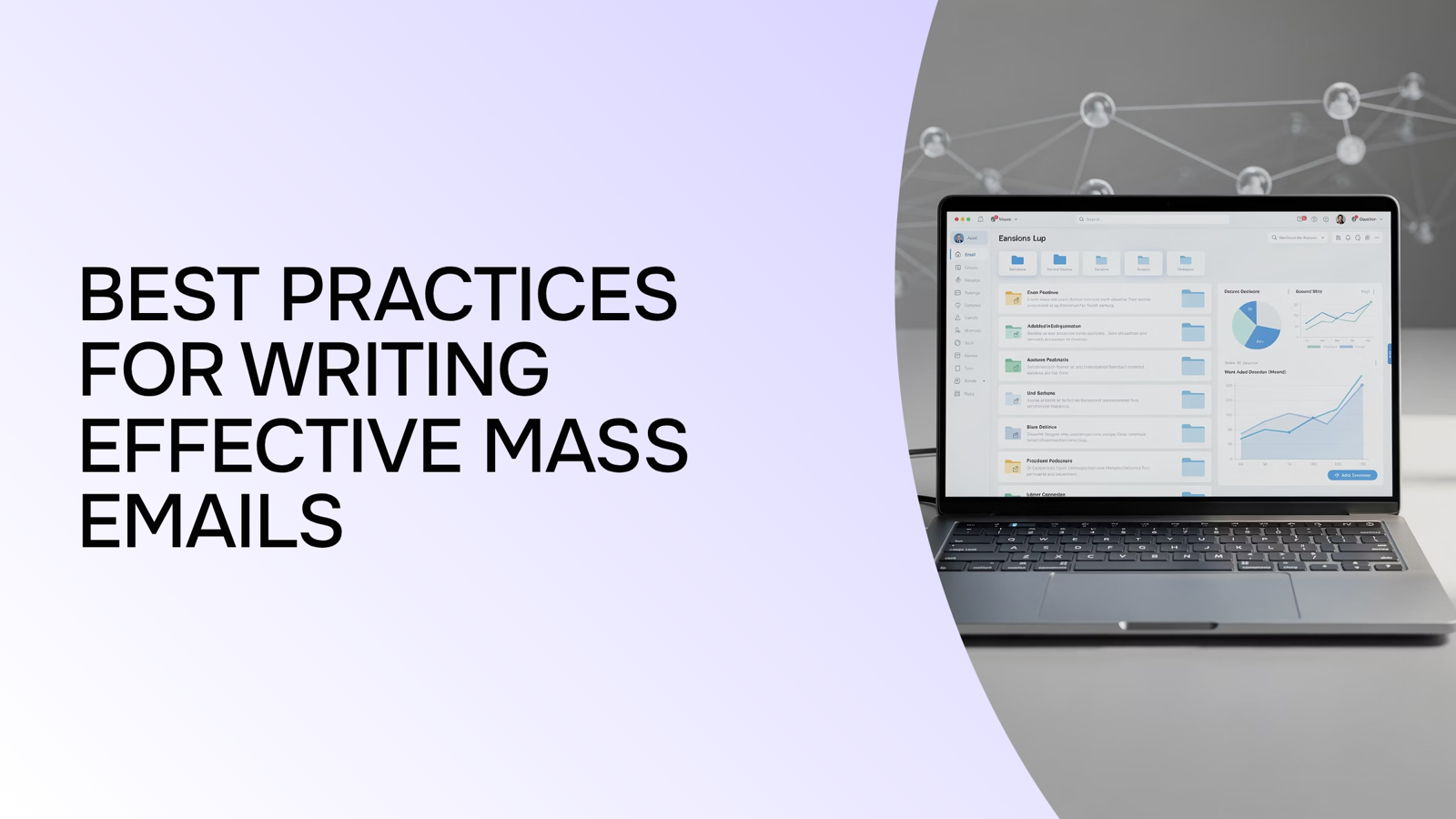 Organized professional desk with laptop, email interface, notecards, and analytics—representing effective mass email best practices