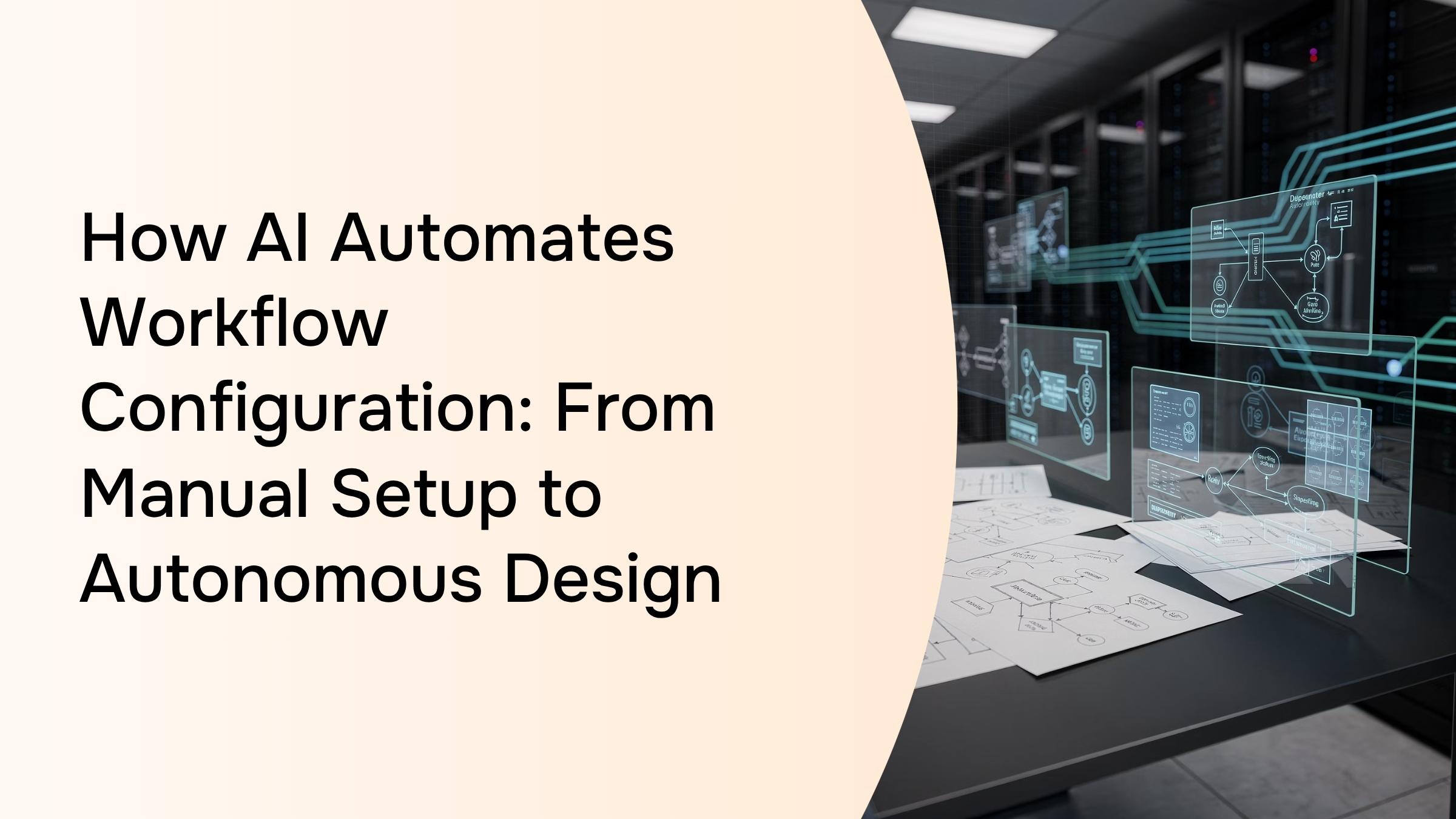 Abstract 3D visualization of AI workflow automation transitioning from manual to autonomous system design