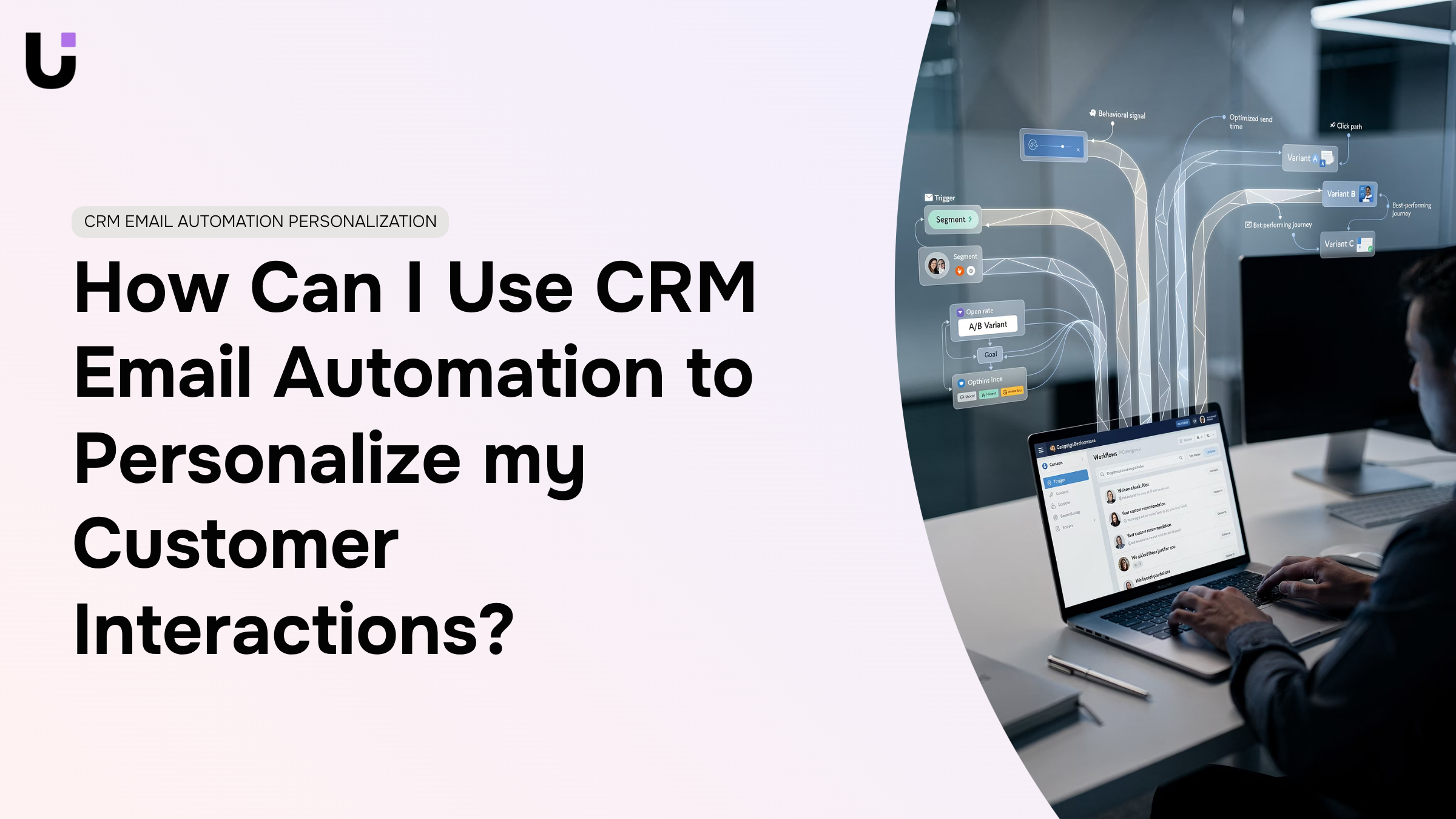 CRM email automation dashboard showing personalized customer data and automated workflows in professional blue and gray tones