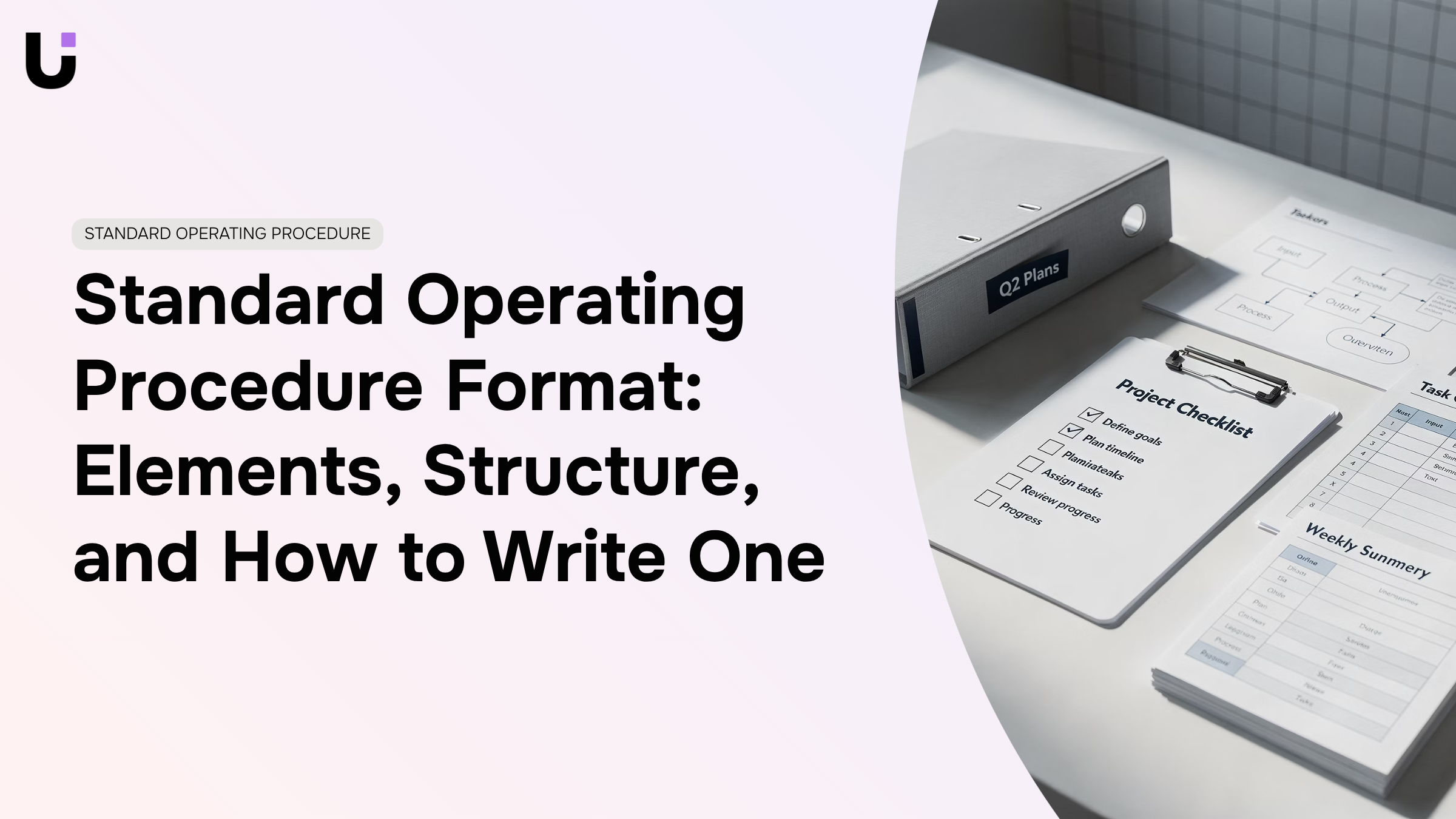 Professional desk workspace with structured documentation, checklist, and process flowcharts representing standard operating procedures