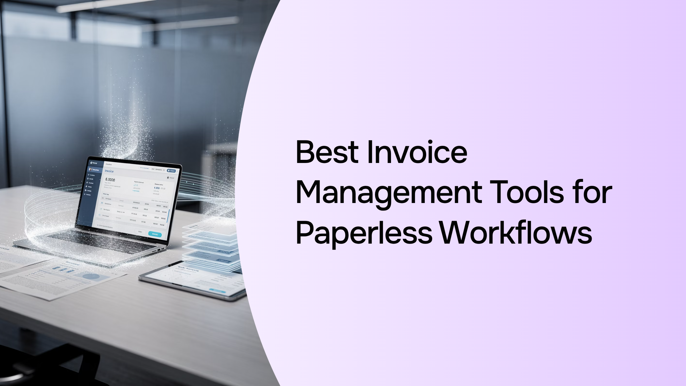 Digital invoice management tools displayed on laptop, tablet, and smartphone with organized dashboards and workflow automation interface