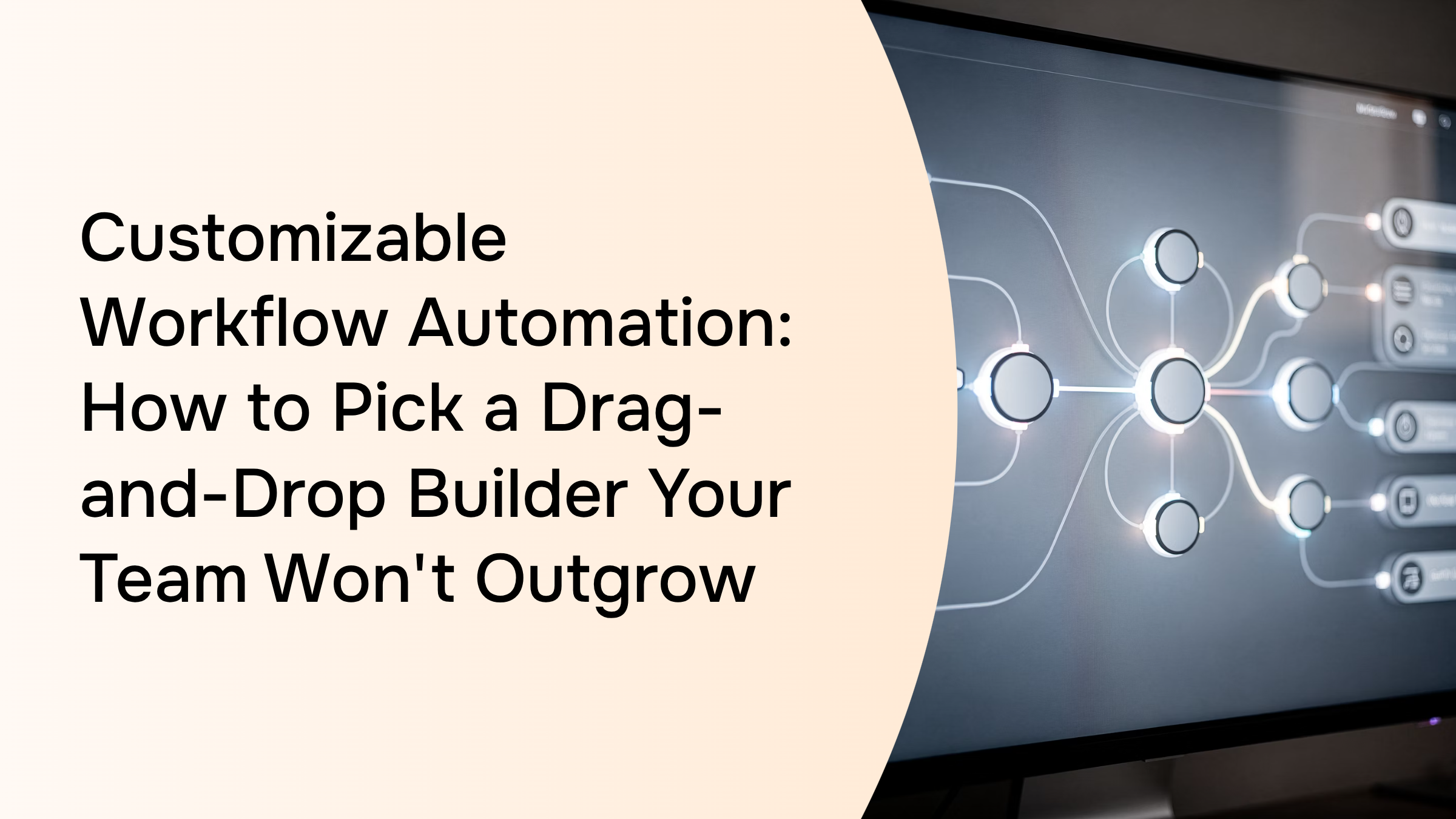 Modern workspace with drag-and-drop workflow automation builder interface on monitor, floating workflow blocks, professional corporate setting