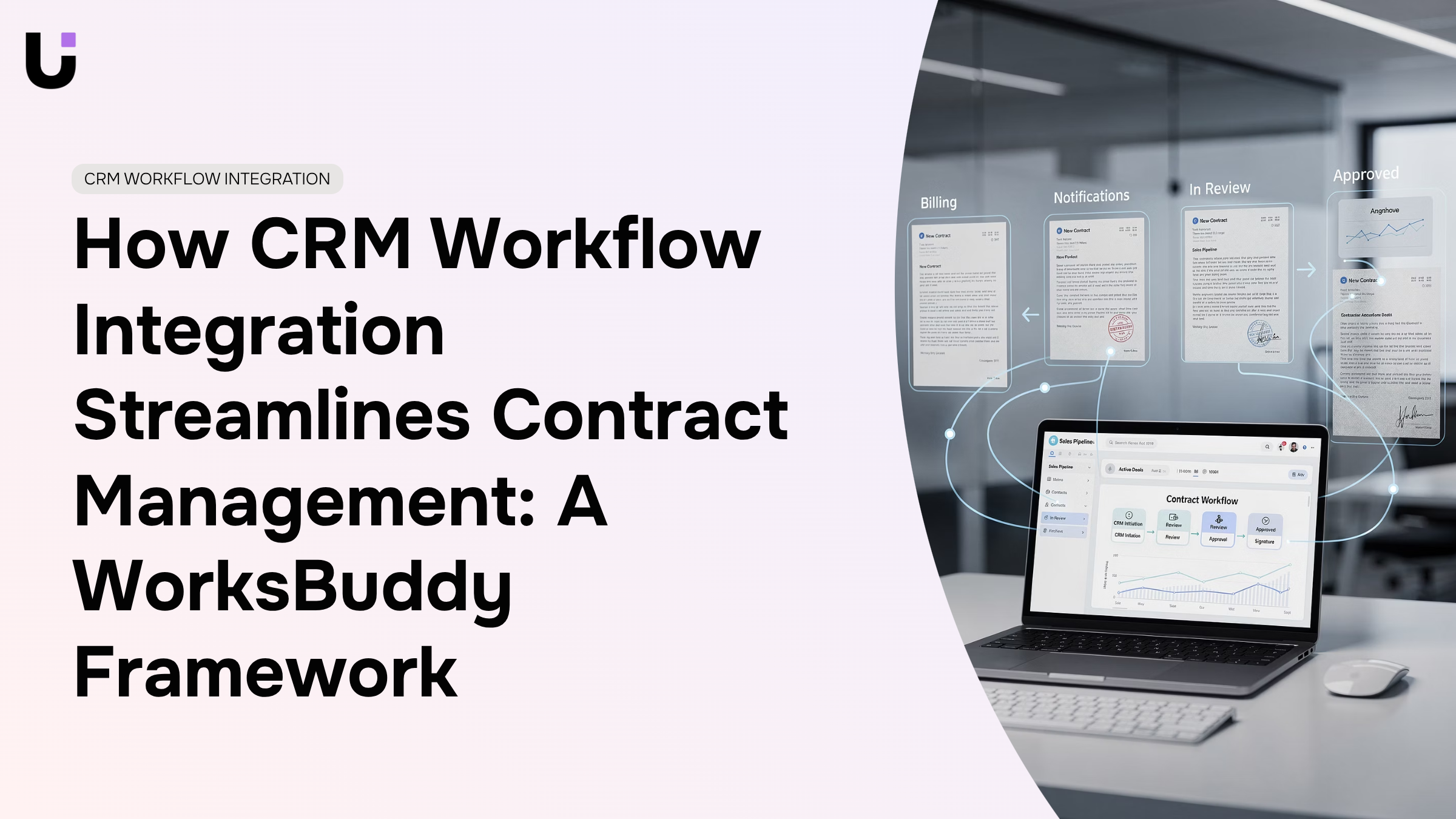 Digital workflow integration visualization showing connected contract management nodes in modern 3D render