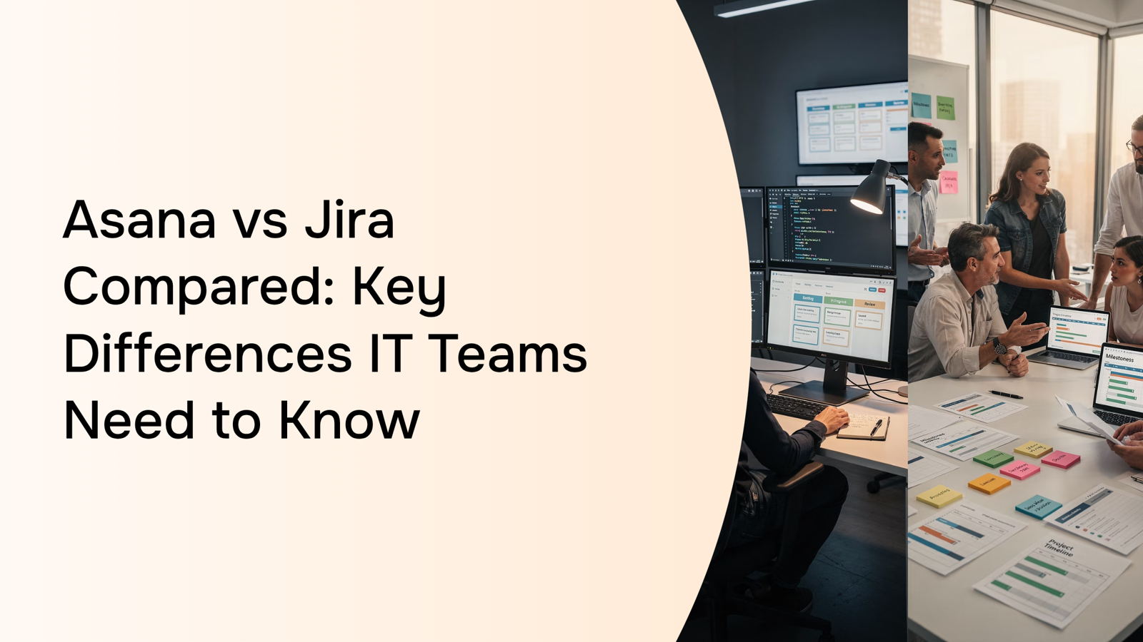 Split-screen comparison visualization of Asana and Jira project management platforms with workflow and dashboard elements