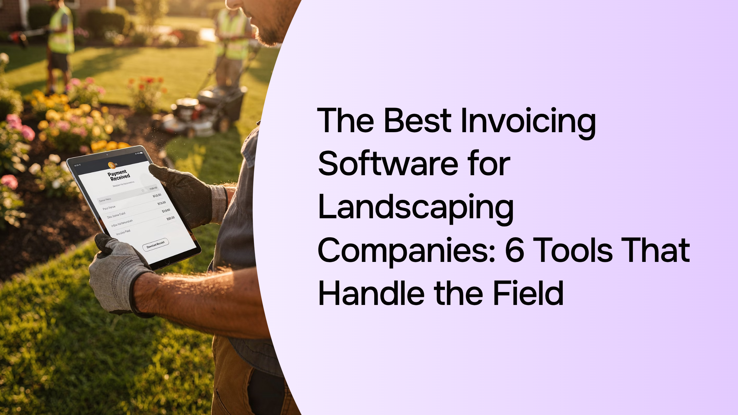 Modern landscaping invoicing software workspace with laptop, tablet, and organized business documents in professional office setting