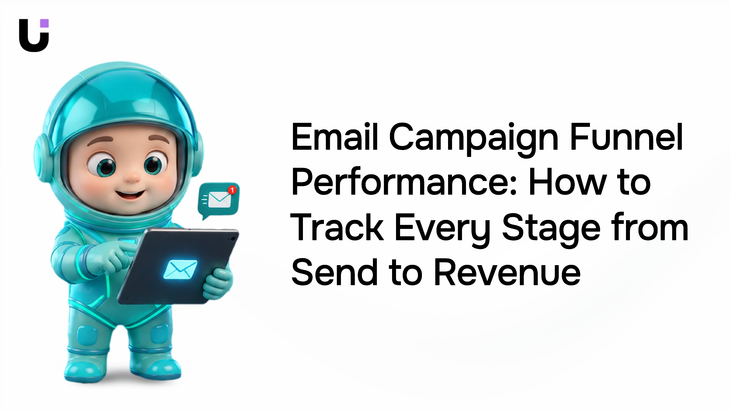 3D email funnel visualization with data flow stages from send to revenue in professional blue and silver