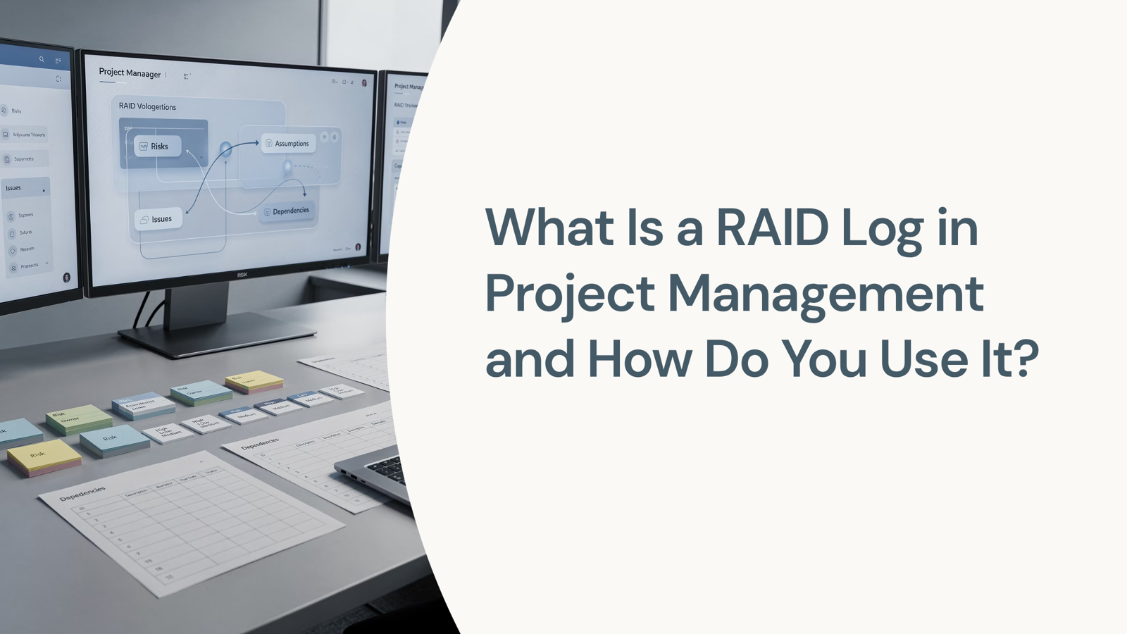 Professional RAID log project management dashboard with organized risk, assumption, issue, and decision tracking interface