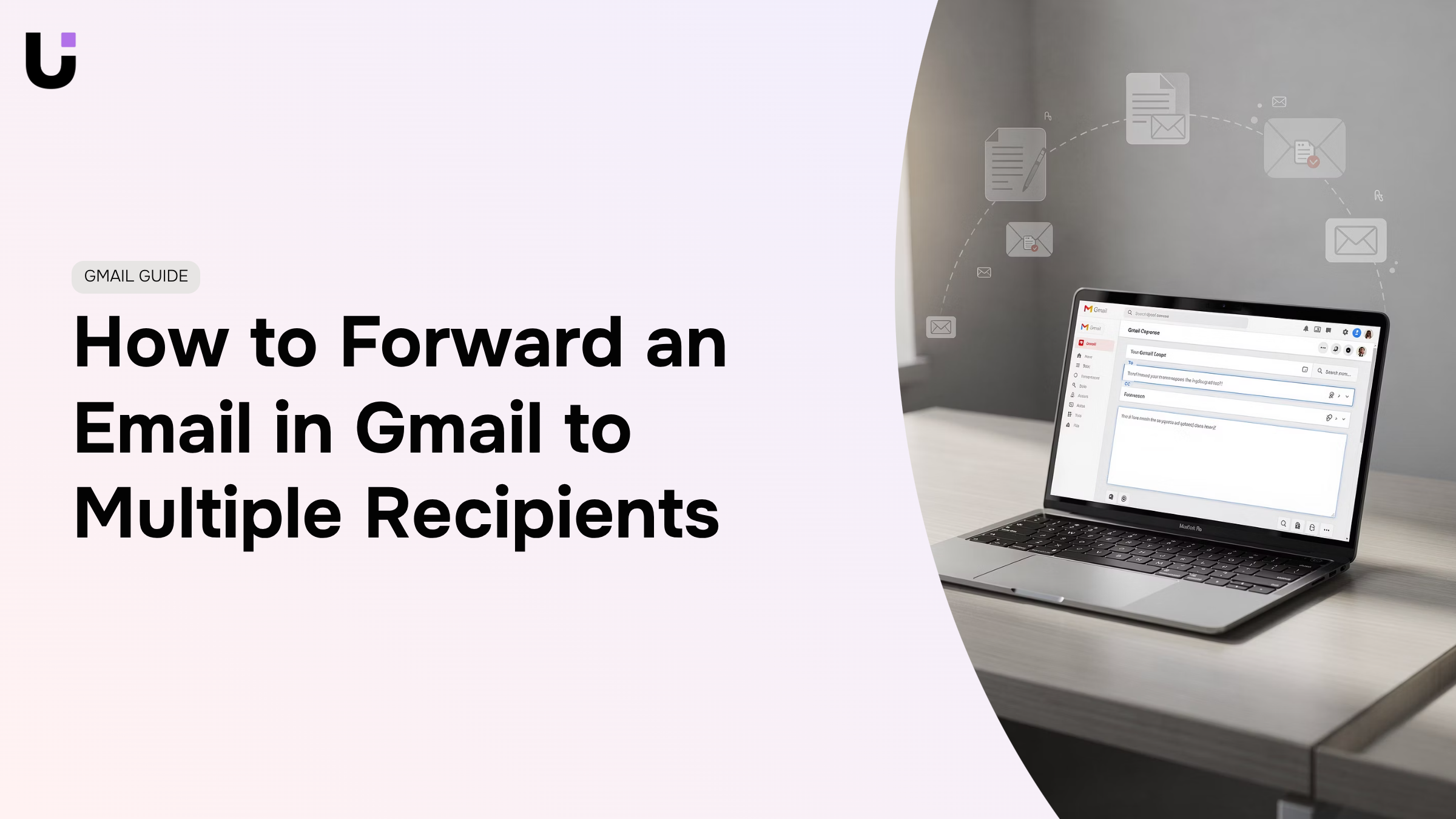 Professional 3D render of Gmail inbox with forwarding arrows distributing emails to multiple recipients