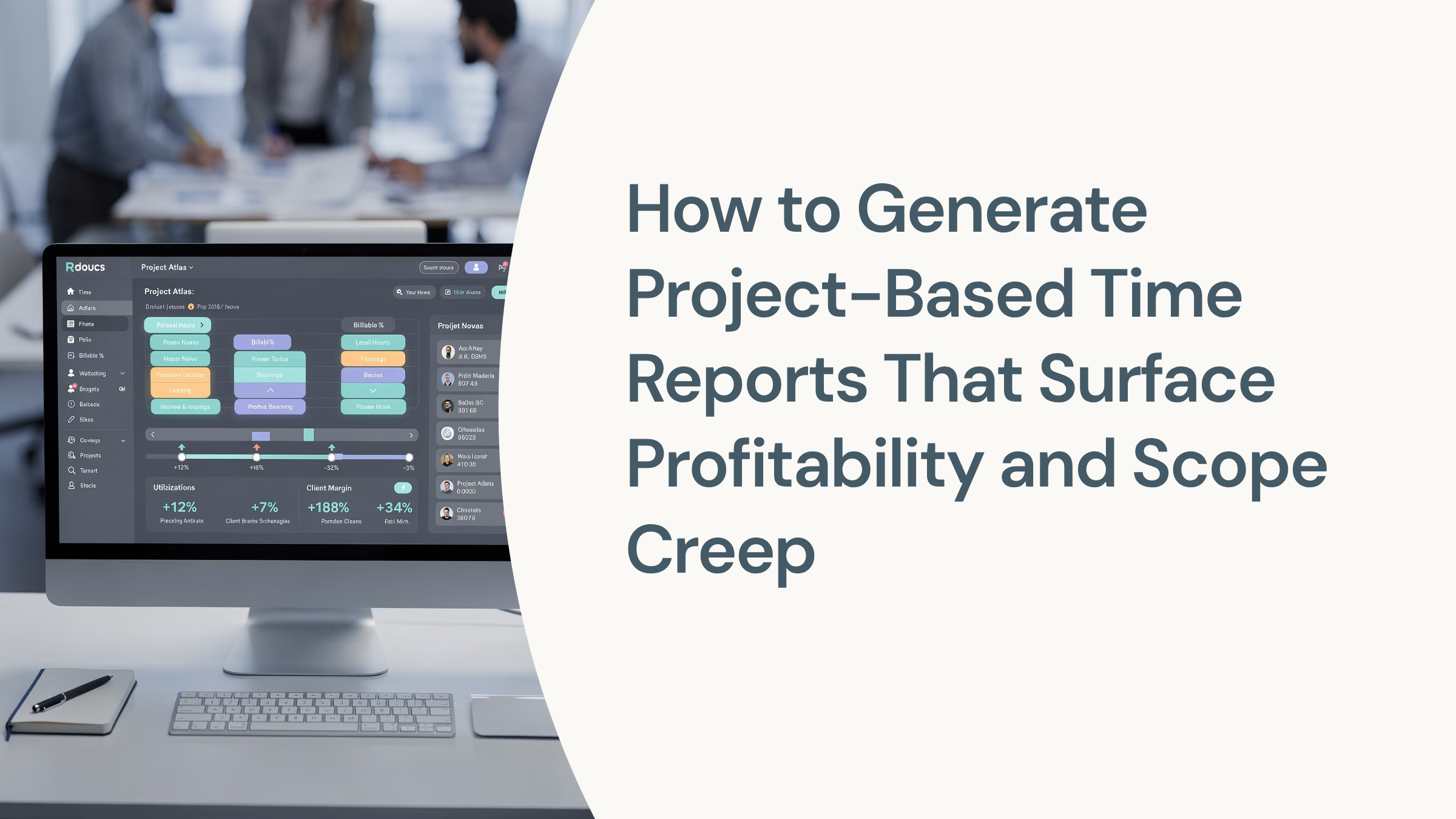 Professional analytics dashboard showing project-based time reports, profitability data, and scope creep metrics in modern 3D render