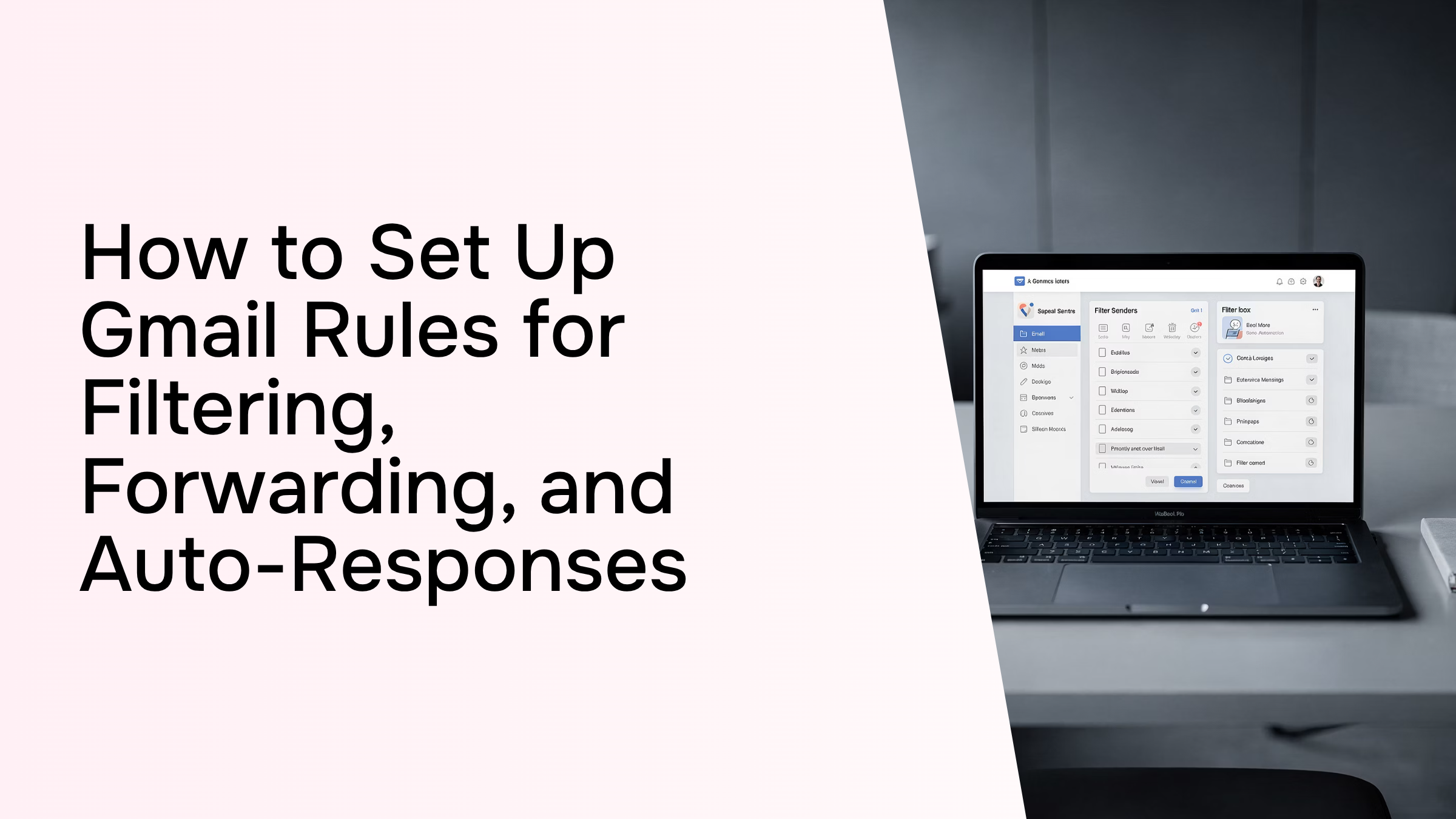 Abstract 3D illustration of Gmail filtering rules and automated email organization system in professional blue and gray tones
