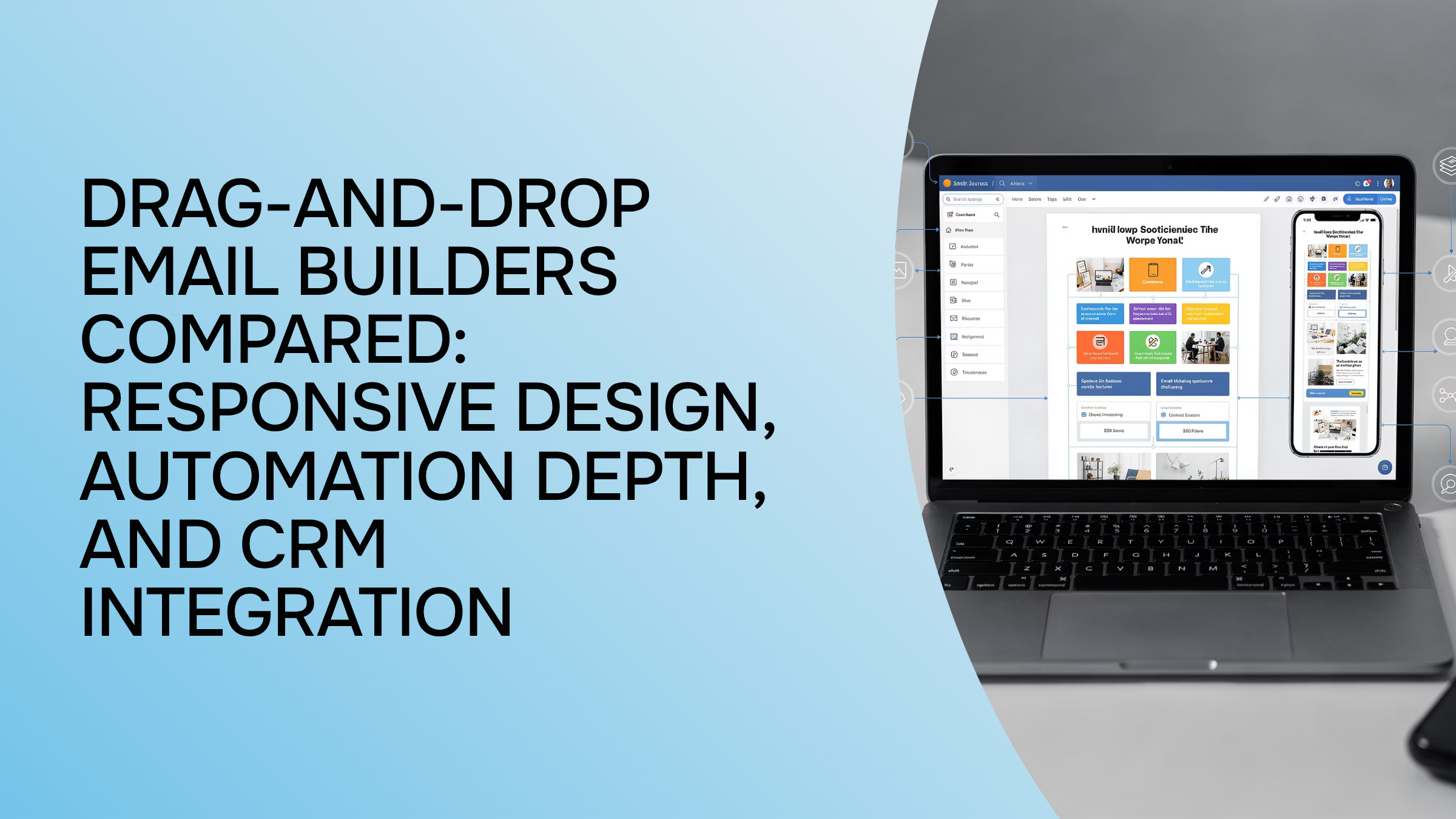 Digital workspace showing drag-and-drop email builder with responsive design templates on multiple devices